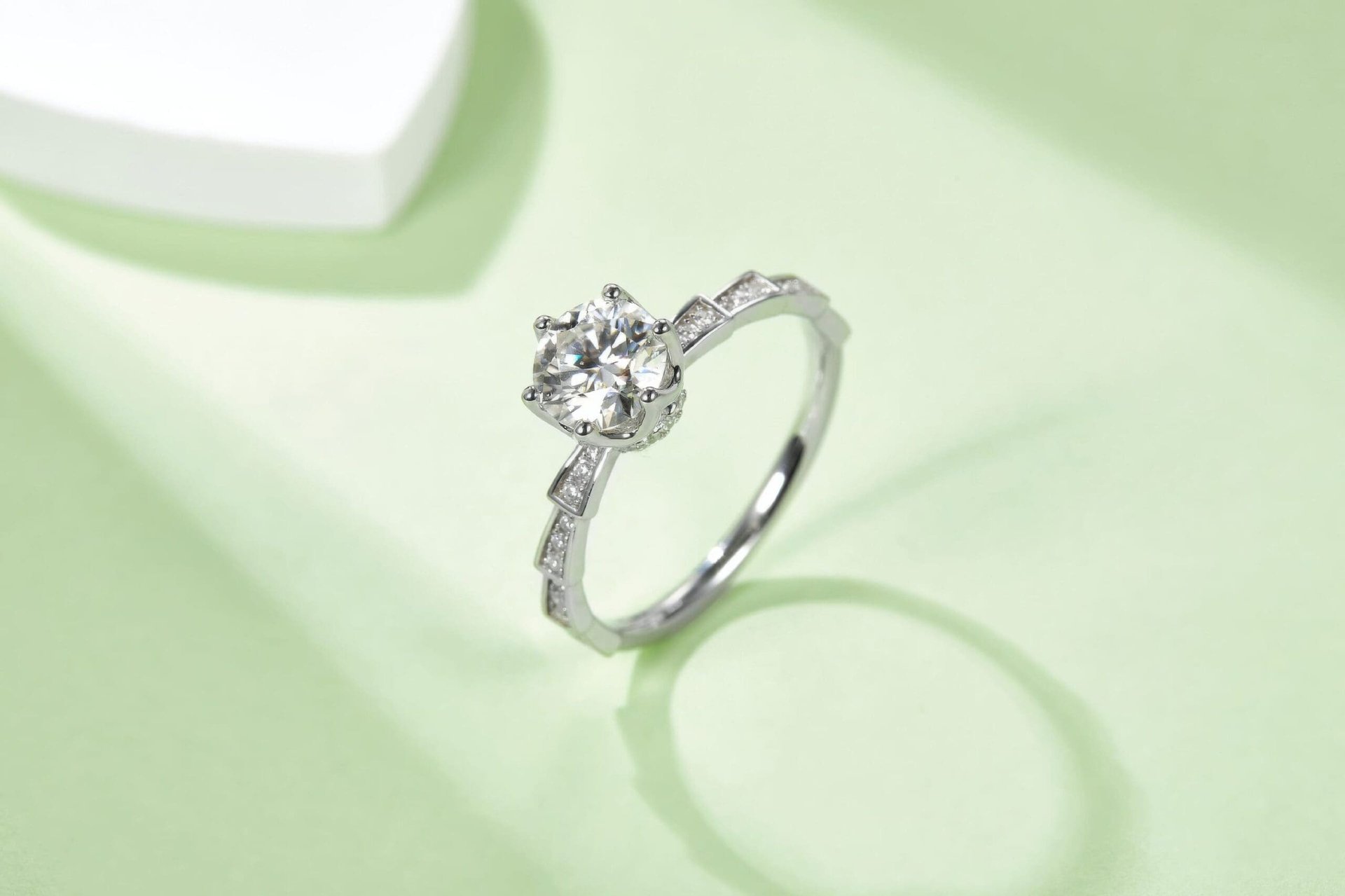 1ct Round Moissanite Solitaire Ring | Geometric Segmented Band | 925 Sterling Silver - Image 6