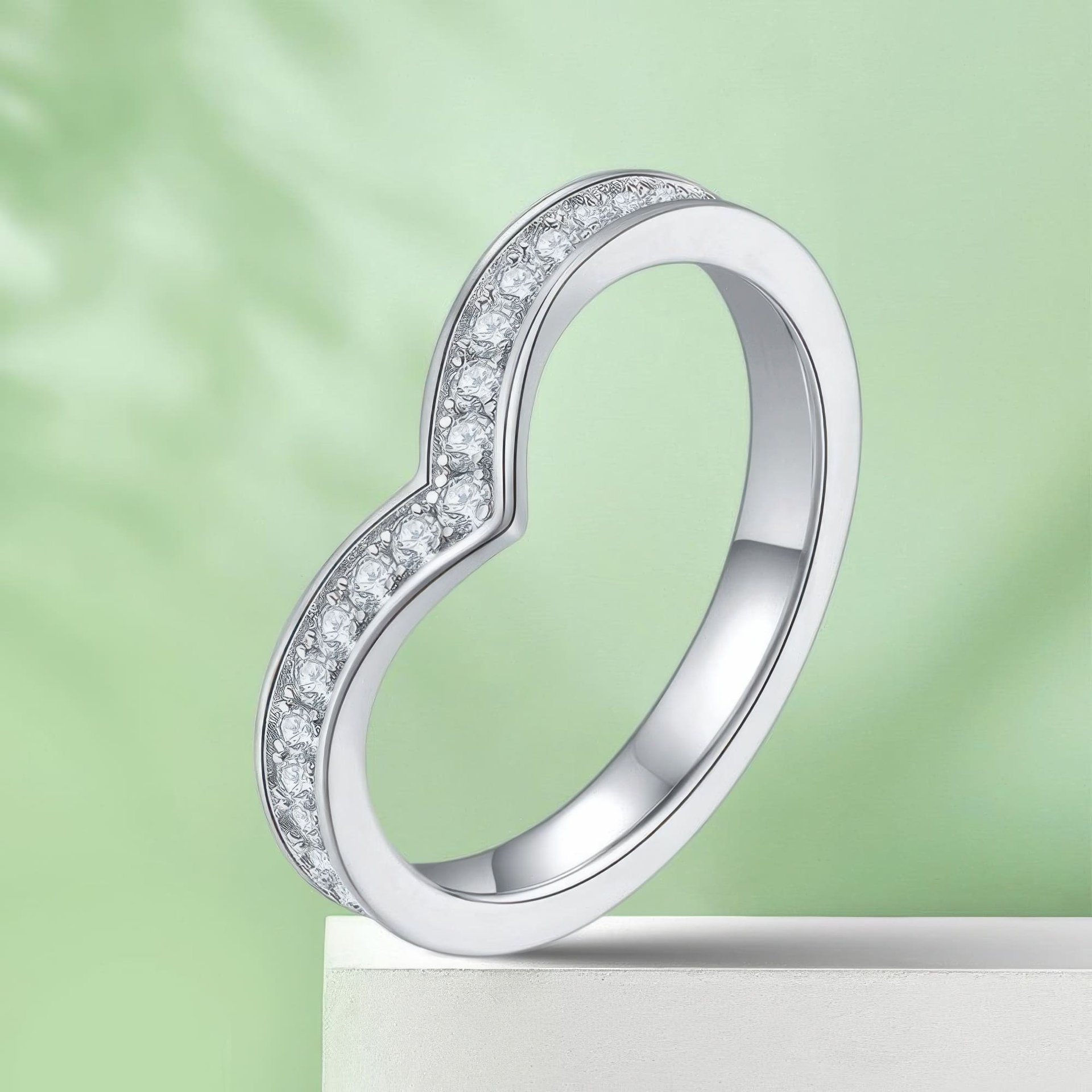 V-Shape Moissanite Pavé Ring in 925 Silver | Chevron Wishbone Stacking Band - Image 5