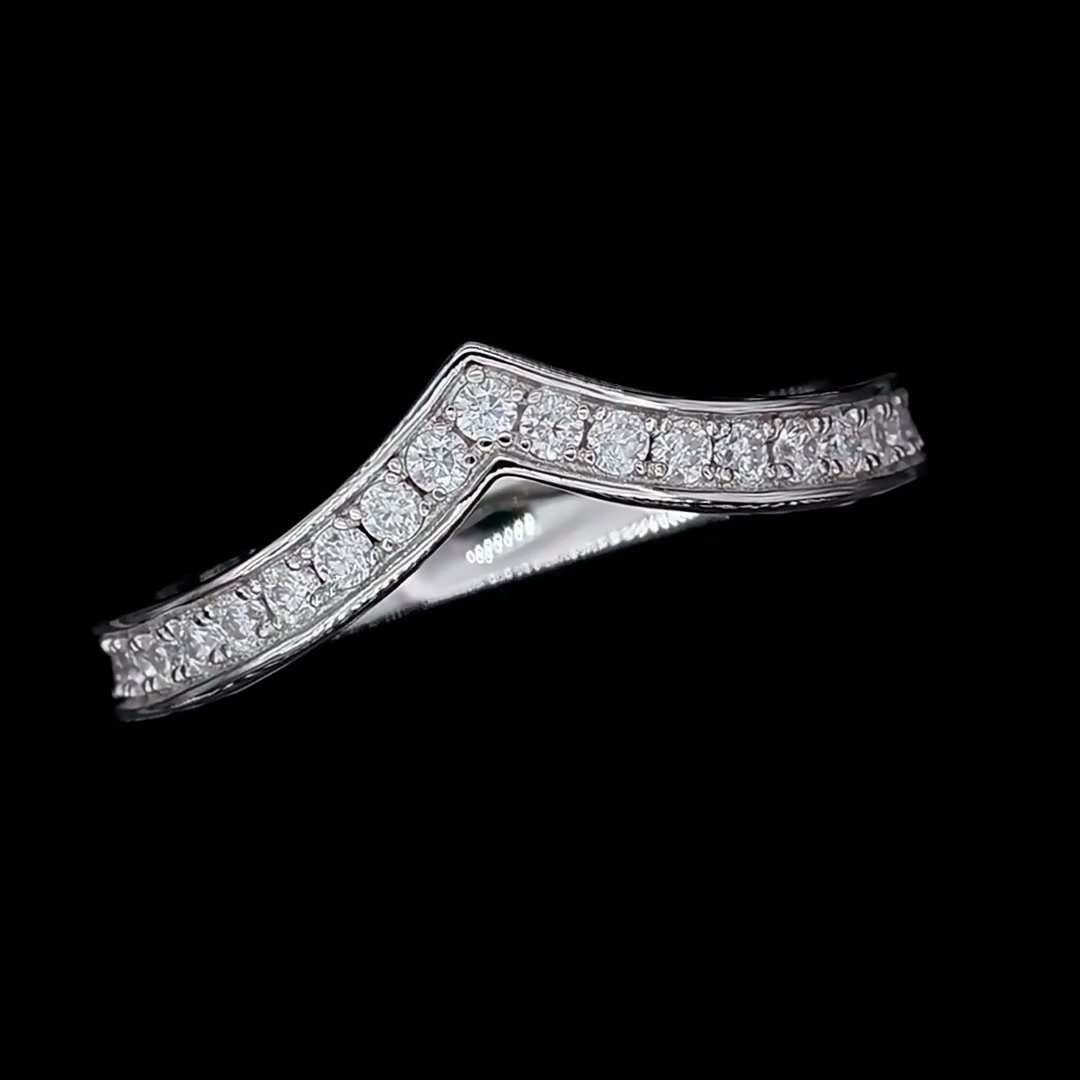V-Shape Moissanite Pavé Ring in 925 Silver | Chevron Wishbone Stacking Band product video thumbnail