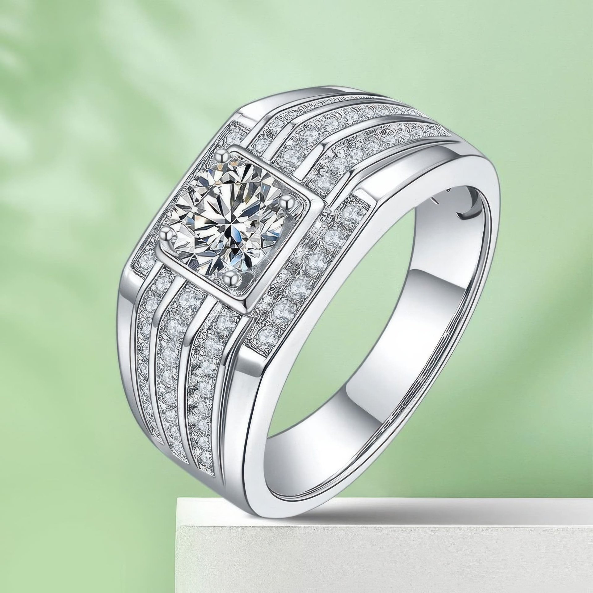 Men's Geometric Moissanite Ring | 1ct (6.5mm) Round-Cut DEF Pavé Wide Band | 925 Sterling Silver - Image 5