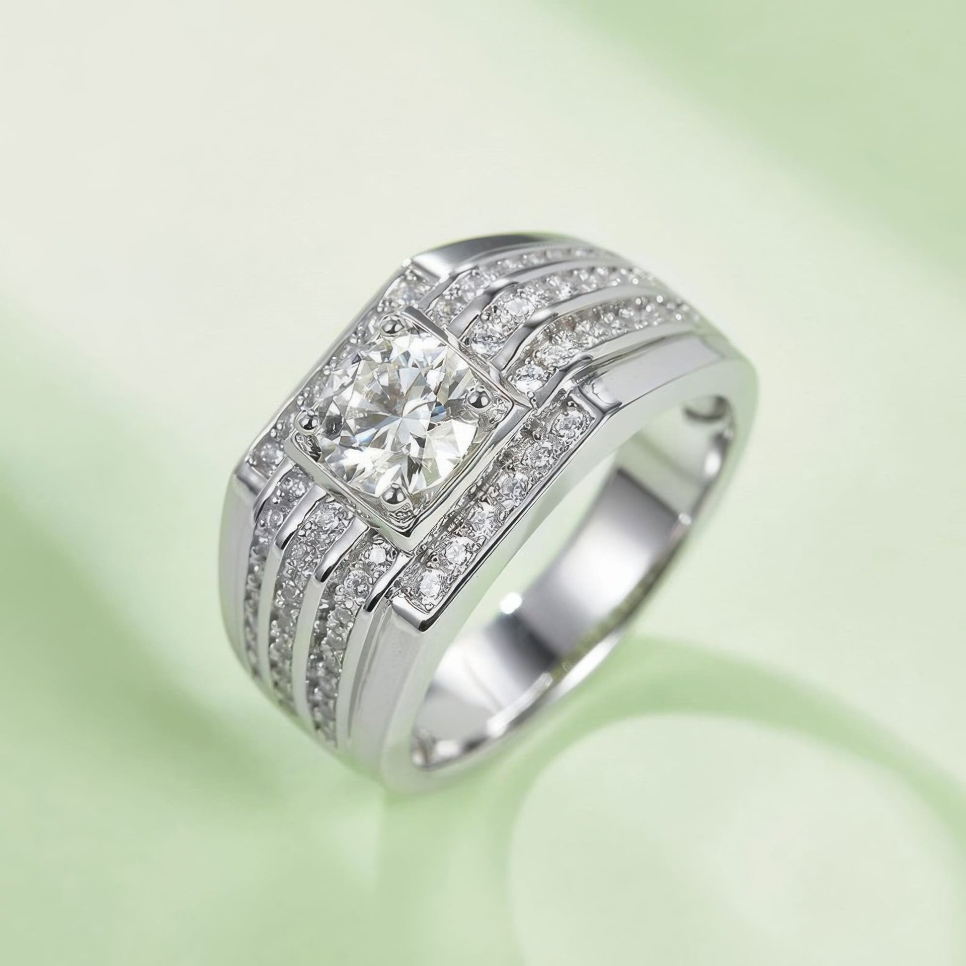 Men's Geometric Moissanite Ring | 1ct (6.5mm) Round-Cut DEF Pavé Wide Band | 925 Sterling Silver - Image 2