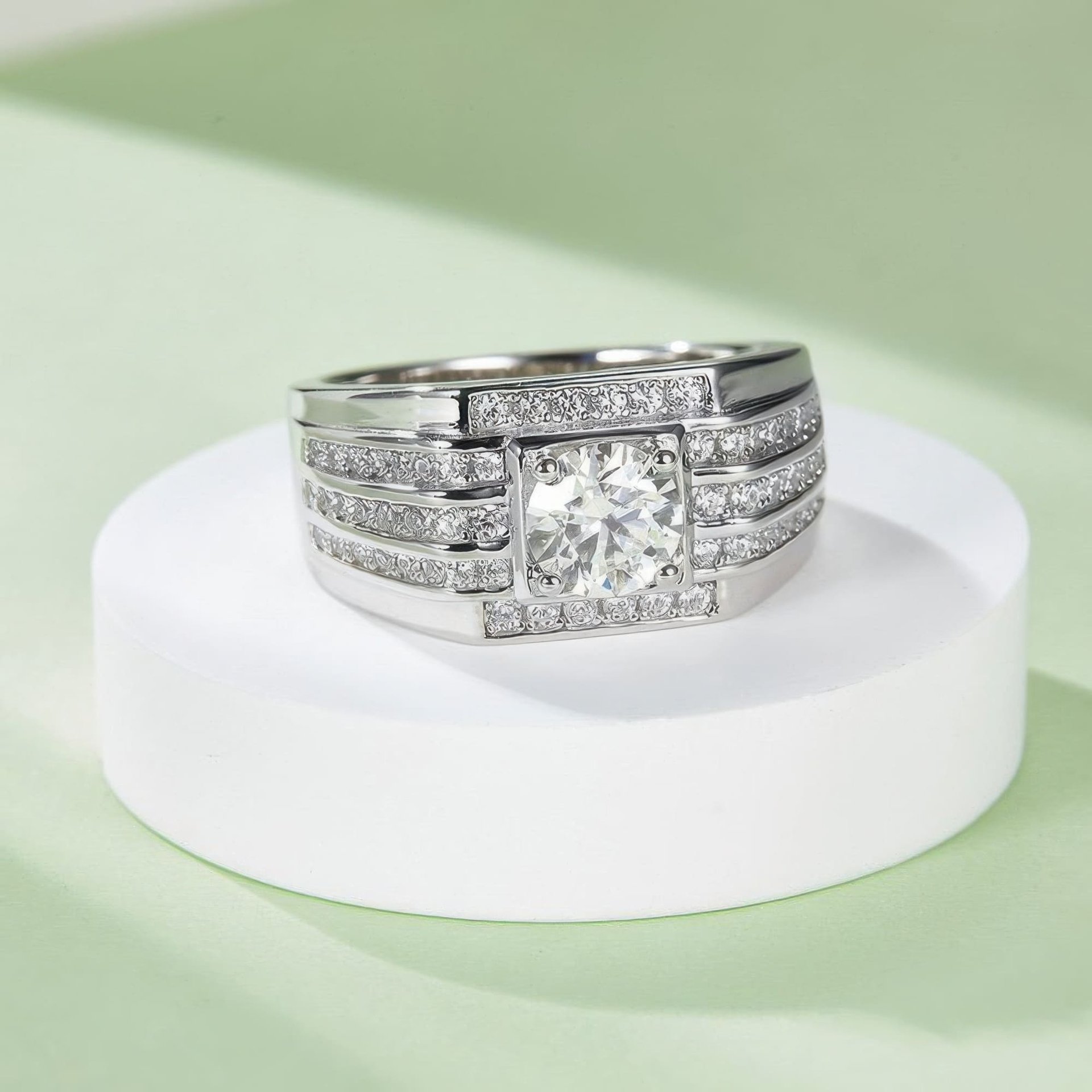 Men's Geometric Moissanite Ring | 1ct (6.5mm) Round-Cut DEF Pavé Wide Band | 925 Sterling Silver - Image 3