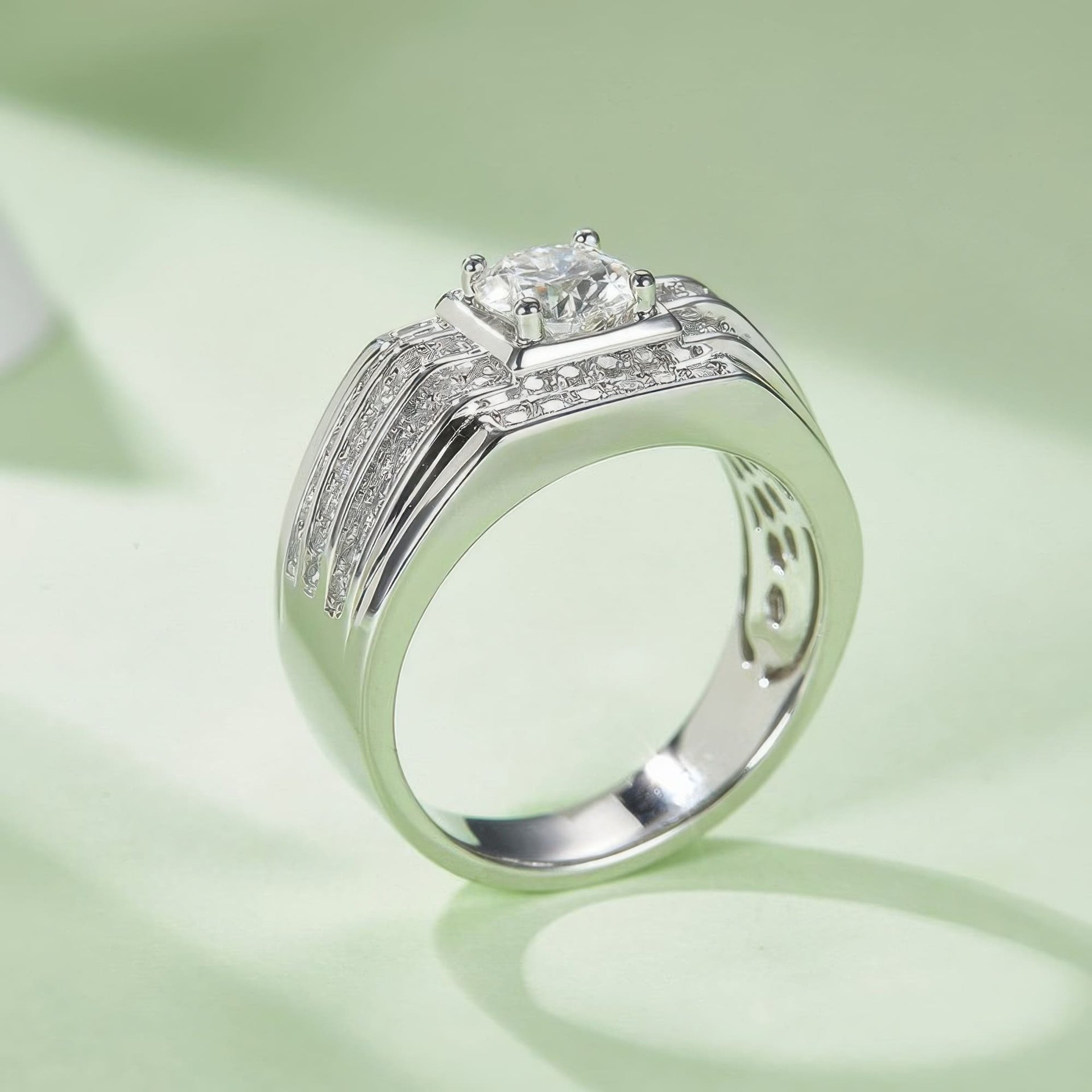 Men's Geometric Moissanite Ring | 1ct (6.5mm) Round-Cut DEF Pavé Wide Band | 925 Sterling Silver - Image 4