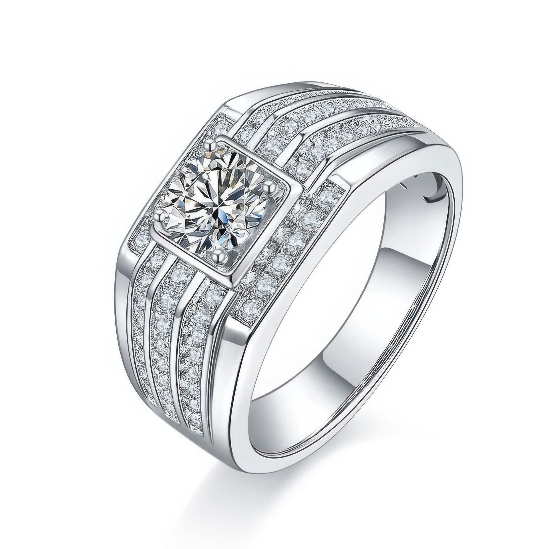 Men's Geometric Moissanite Ring | 1ct (6.5mm) Round-Cut DEF Pavé Wide Band | 925 Sterling Silver
