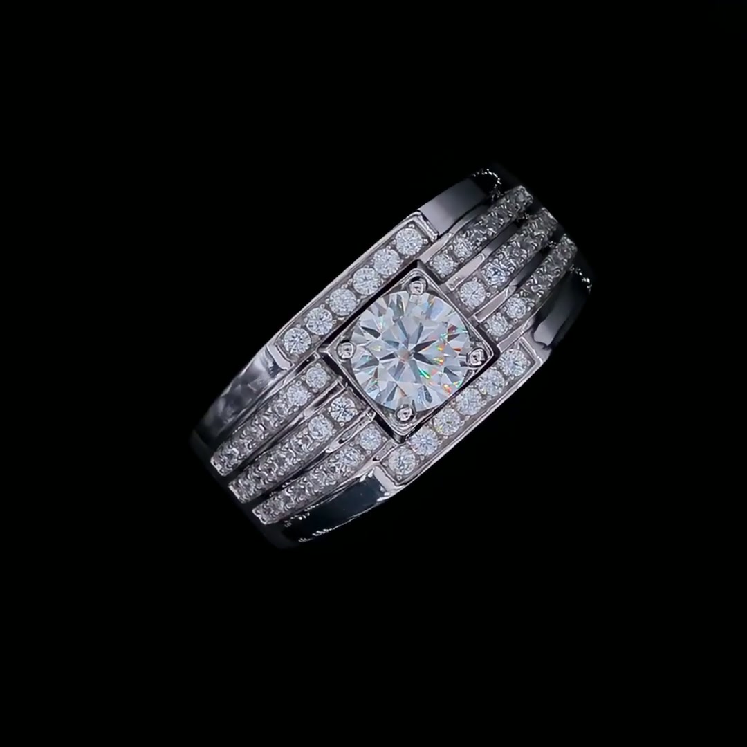 Men's Geometric Moissanite Ring | 1ct (6.5mm) Round-Cut DEF Pavé Wide Band | 925 Sterling Silver product video thumbnail