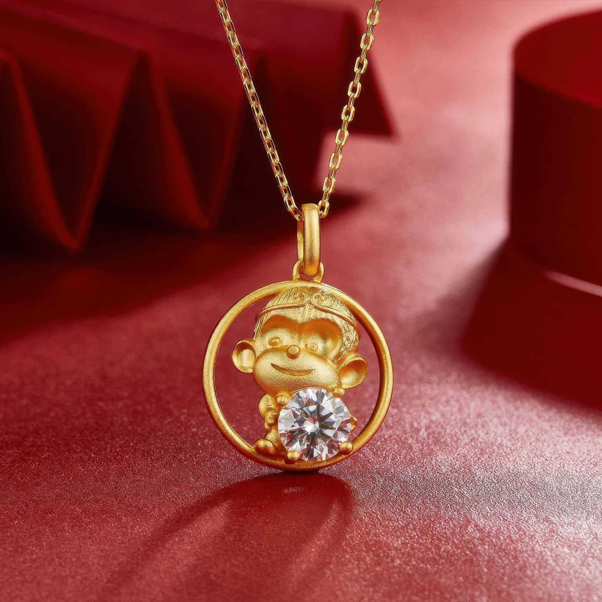 Monkey Zodiac Moissanite Necklace | Round-Cut Pendant in Circle Frame | 925 Silver 22K Gold - Image 3