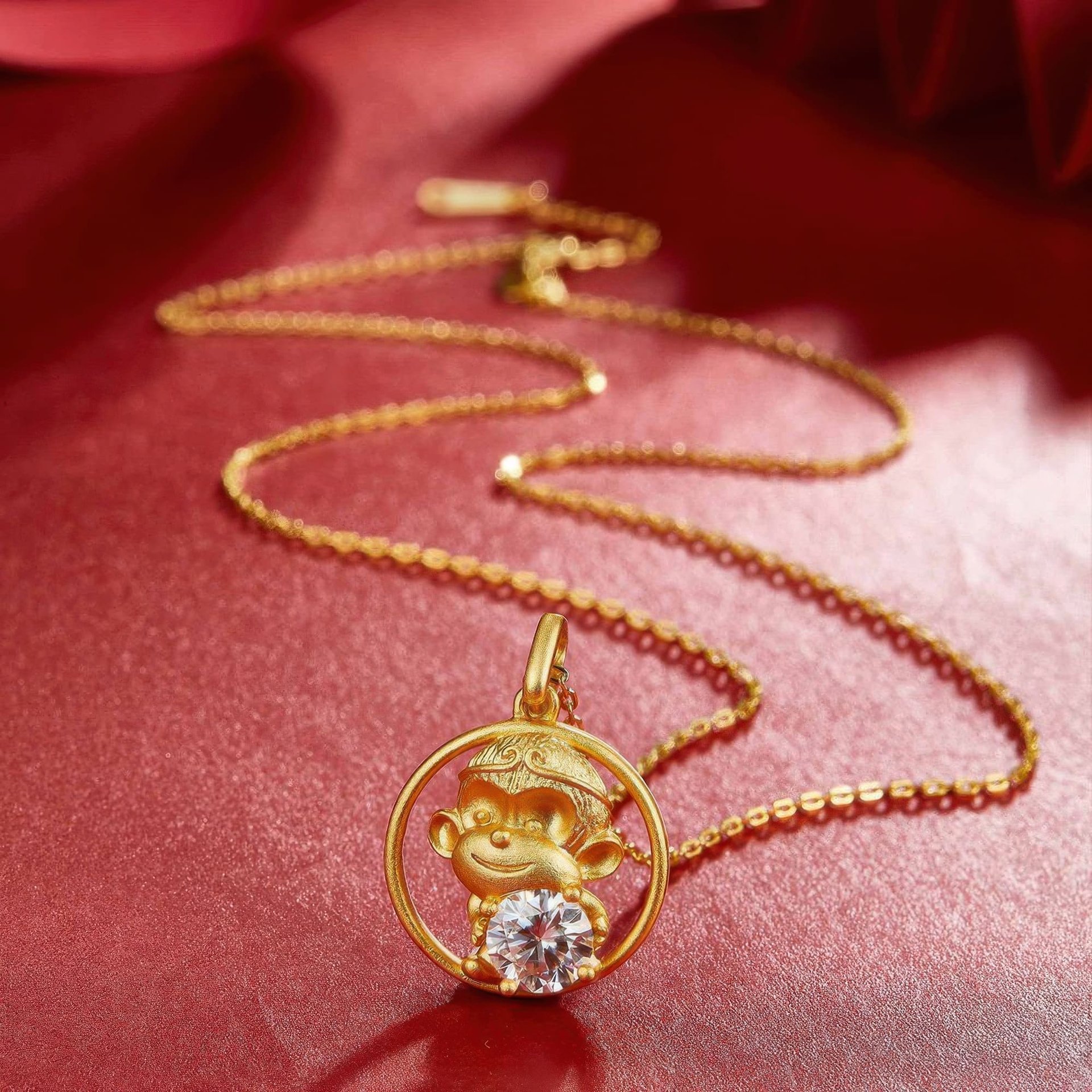 Monkey Zodiac Moissanite Necklace | Round-Cut Pendant in Circle Frame | 925 Silver 22K Gold - alternate view