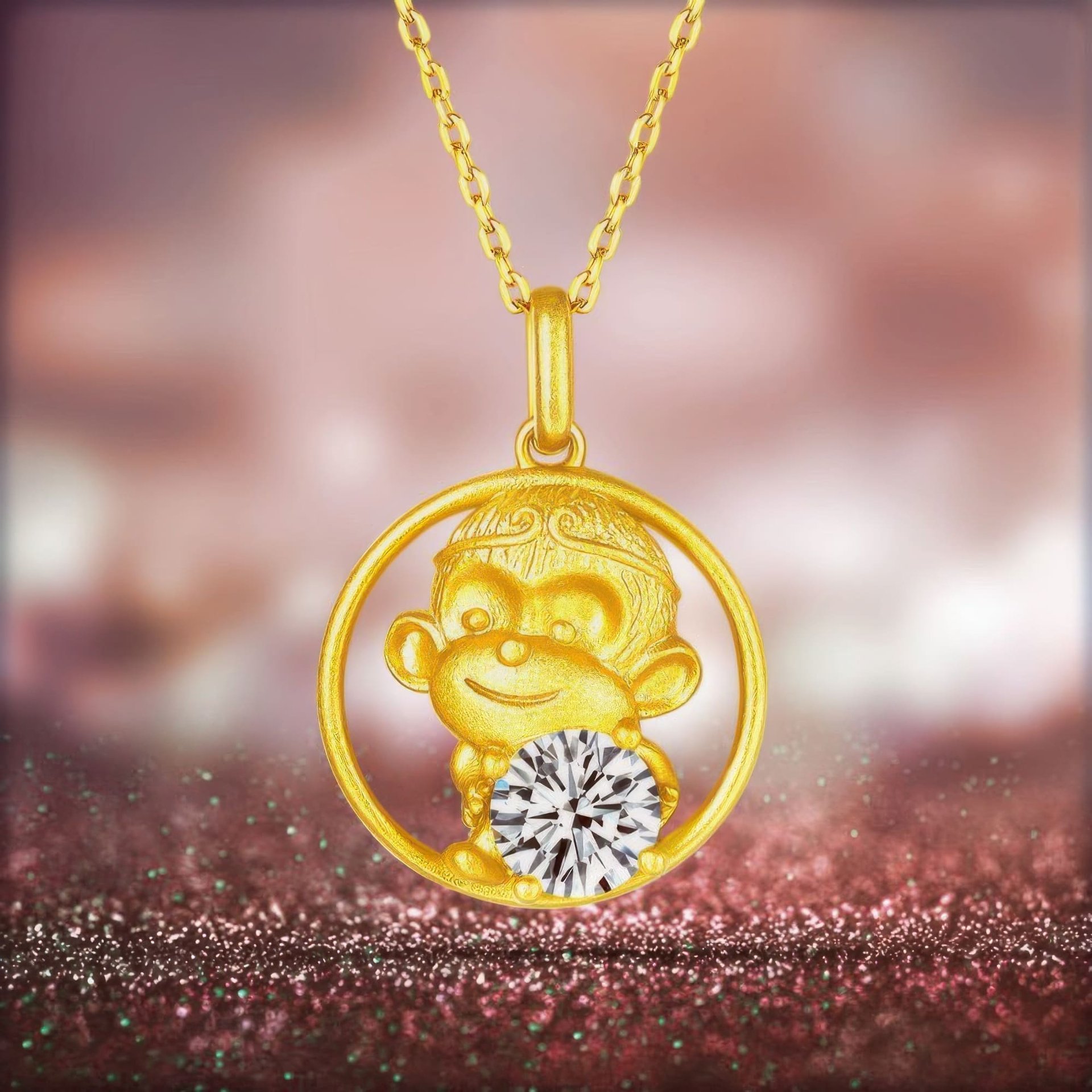 Monkey Zodiac Moissanite Necklace | Round-Cut Pendant in Circle Frame | 925 Silver 22K Gold - Image 5