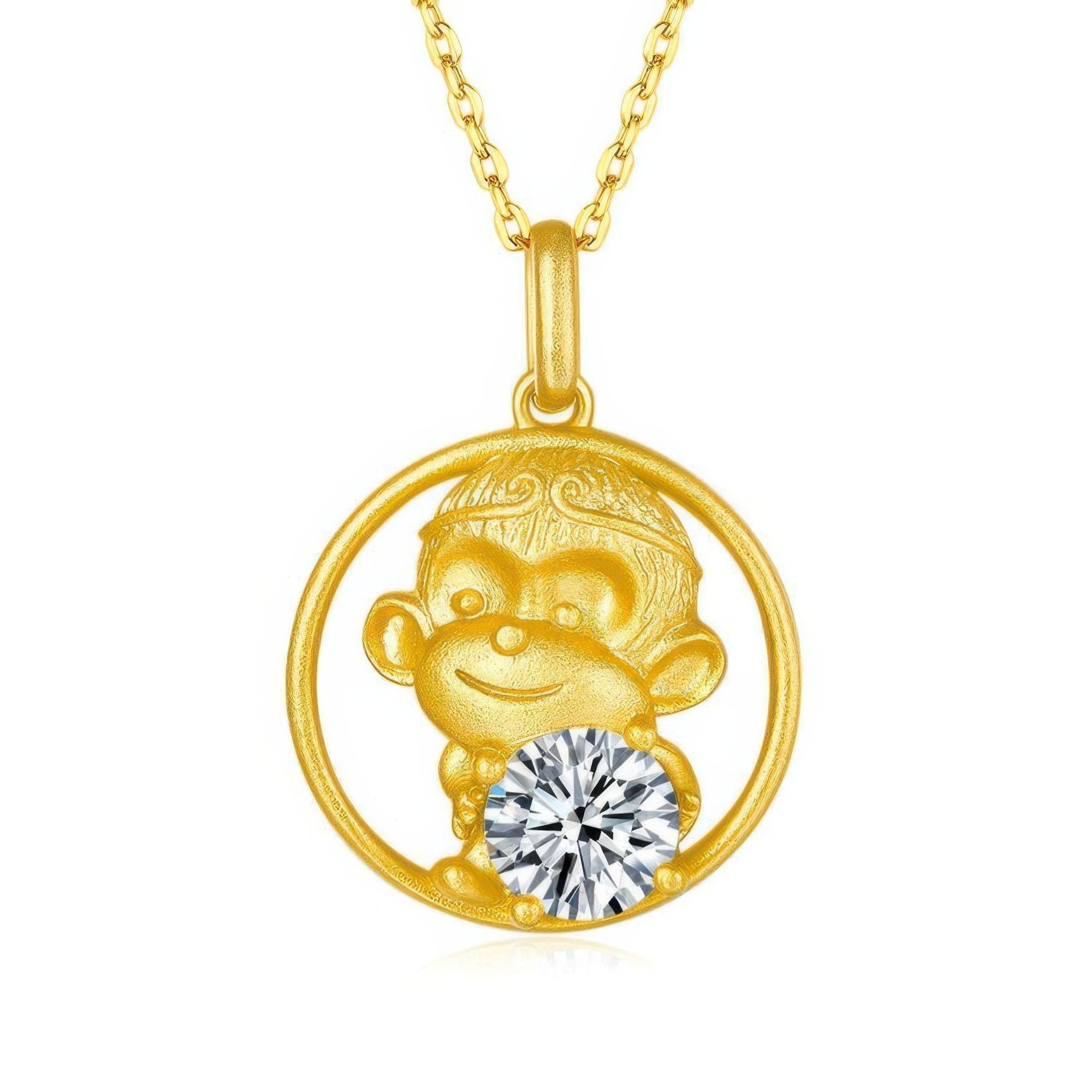 Monkey Zodiac Moissanite Necklace | Round-Cut Pendant in Circle Frame | 925 Silver 22K Gold