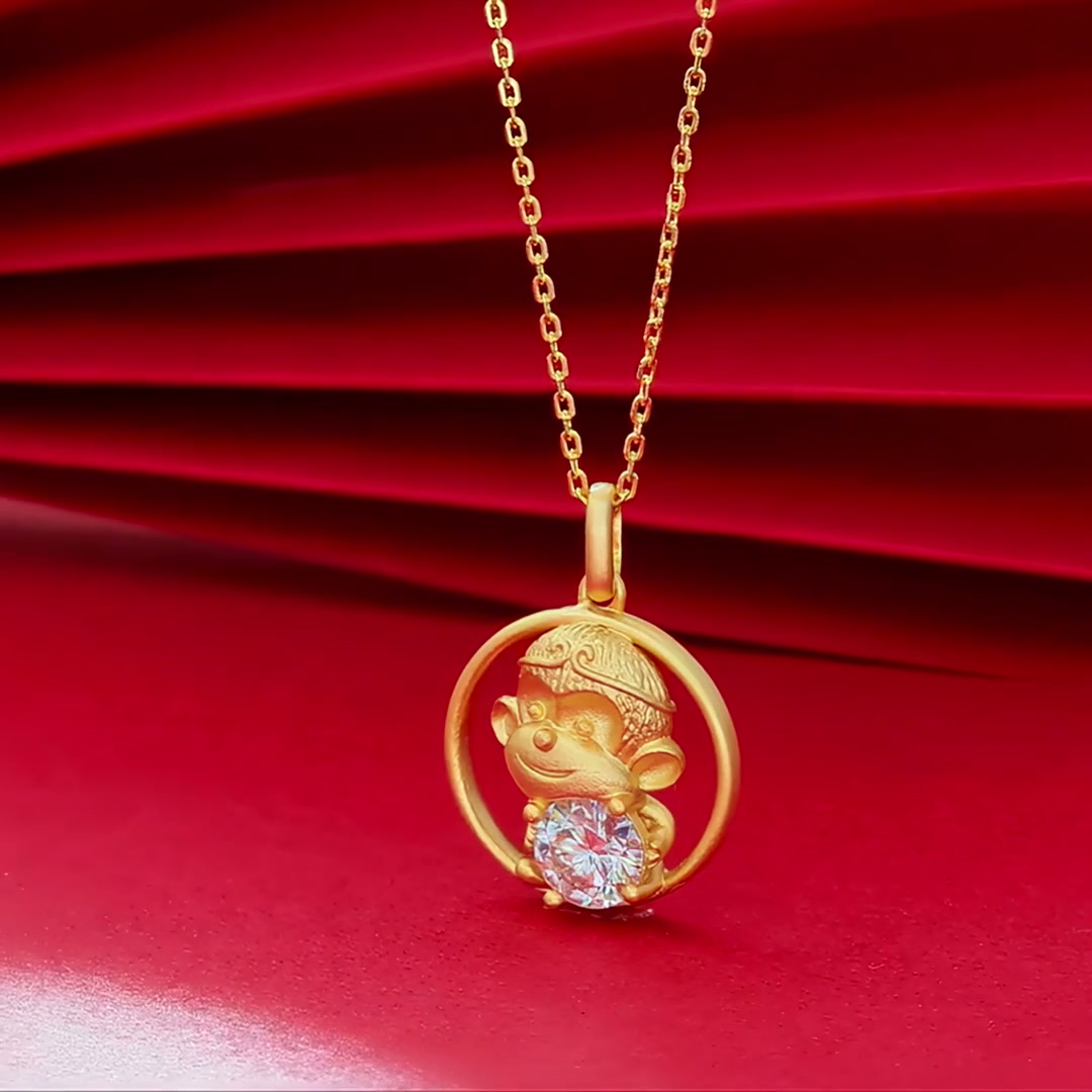 Monkey Zodiac Moissanite Necklace | Round-Cut Pendant in Circle Frame | 925 Silver 22K Gold product video thumbnail