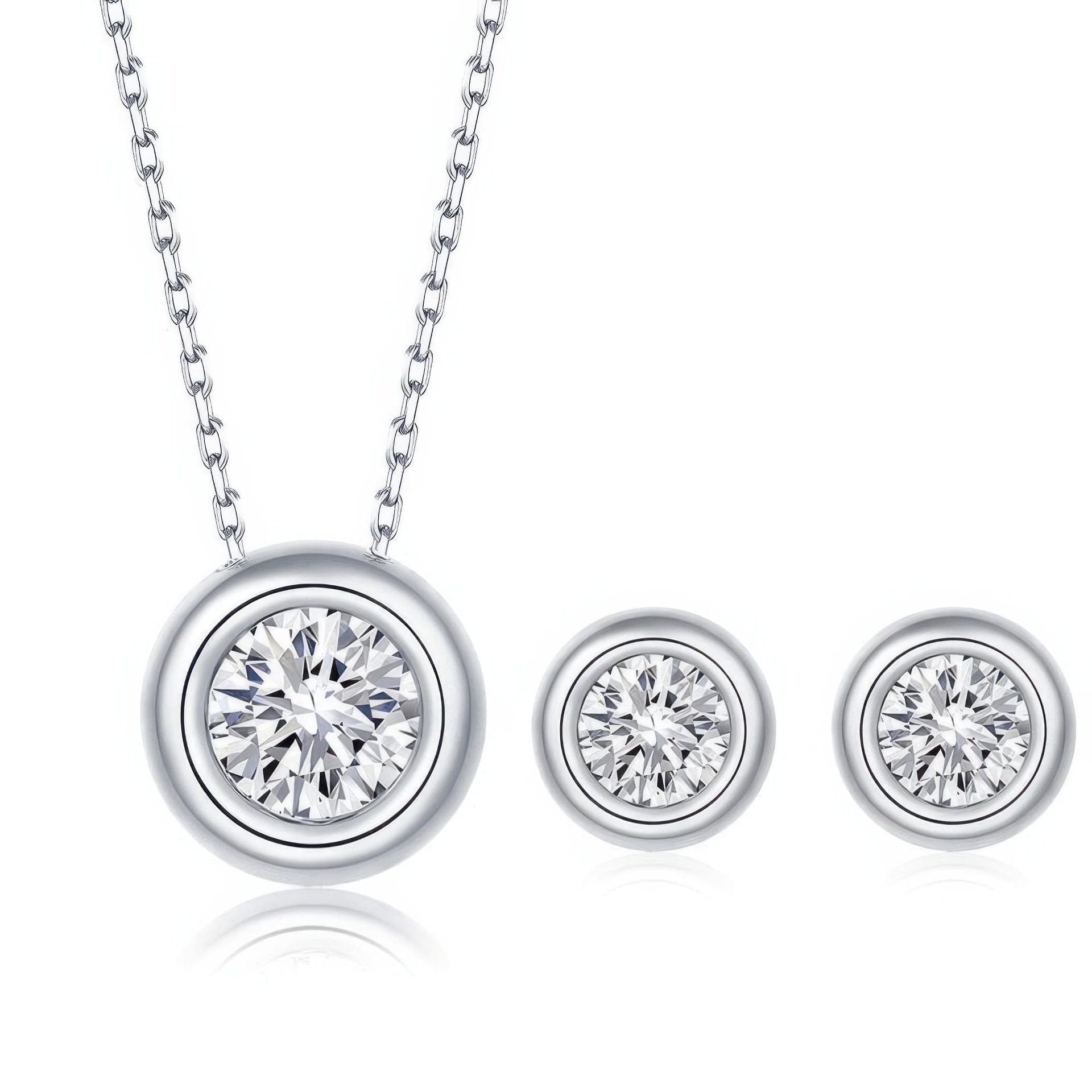 Moissanite Bezel Jewelry Set | 2ct DEW D-Color Round Pendant & Studs | 925 Silver