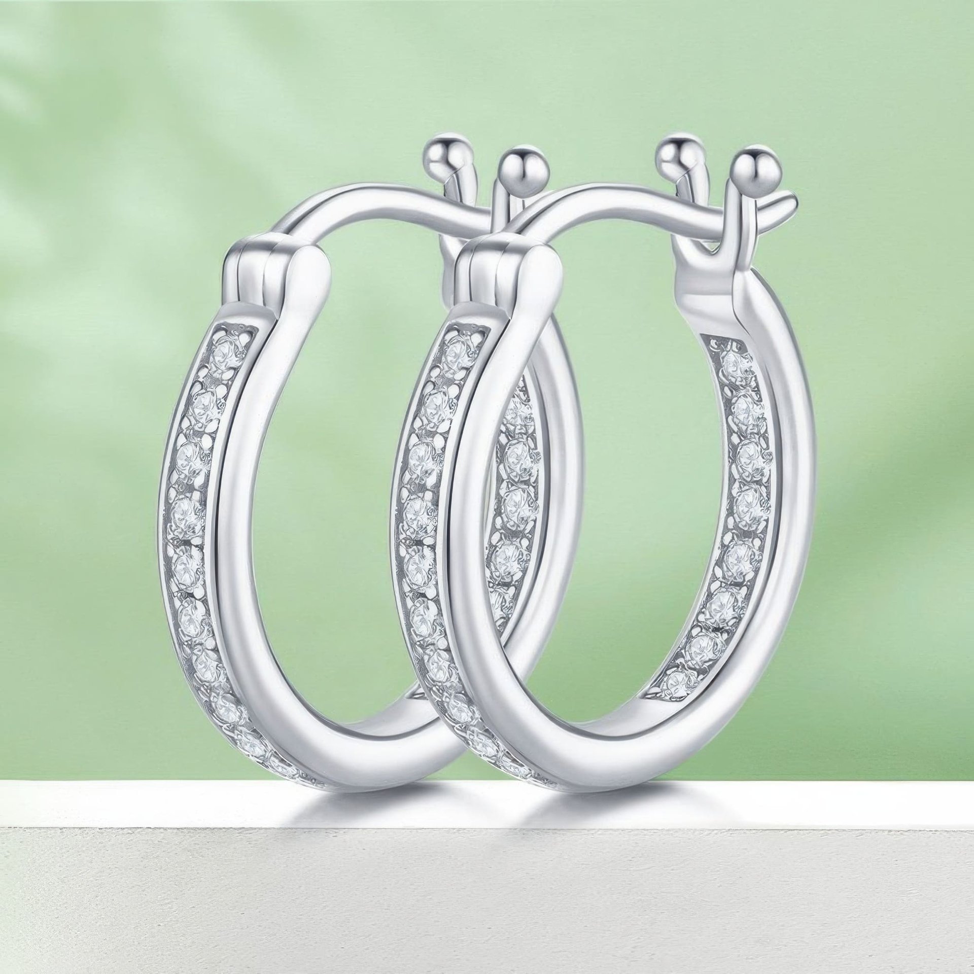 Sterling Silver Pavé Moissanite Hoop Earrings | Single-Row DEF Stones, Snap-Back | Daily Wear - Image 3
