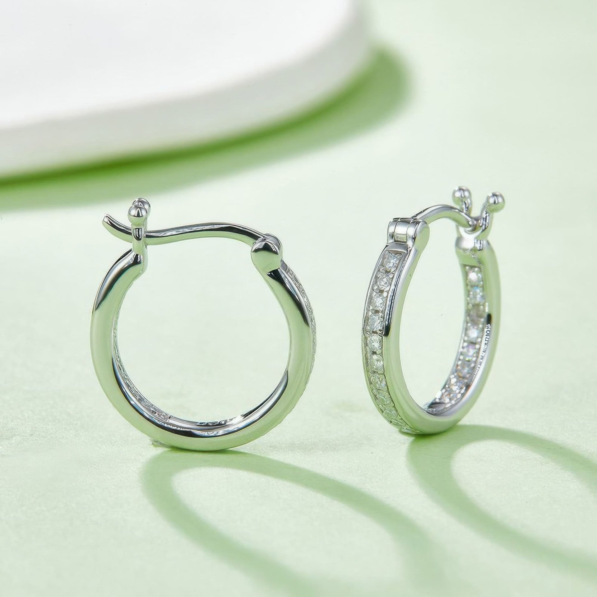 Sterling Silver Pavé Moissanite Hoop Earrings | Single-Row DEF Stones, Snap-Back | Daily Wear - alternate view