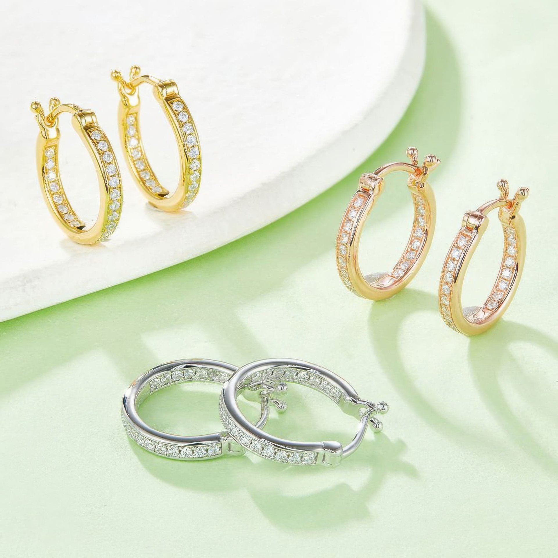Sterling Silver Pavé Moissanite Hoop Earrings | Single-Row DEF Stones, Snap-Back | Daily Wear - Image 8