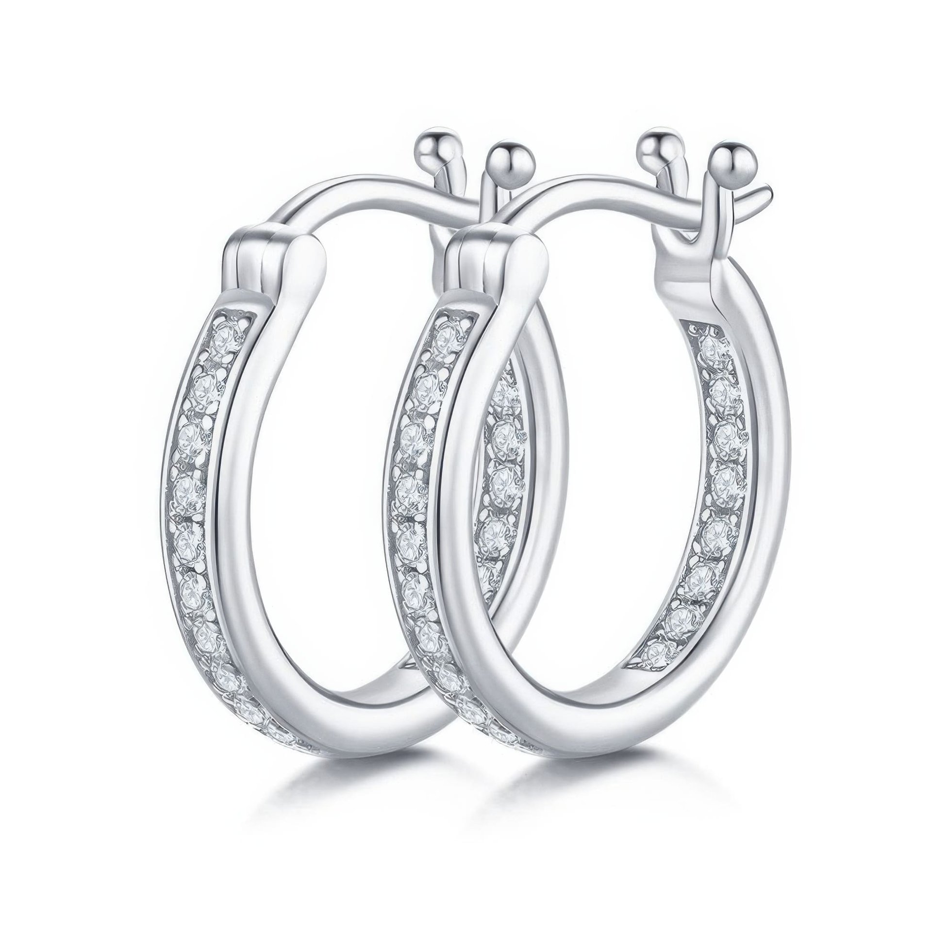 Sterling Silver Pavé Moissanite Hoop Earrings | Single-Row DEF Stones, Snap-Back | Daily Wear