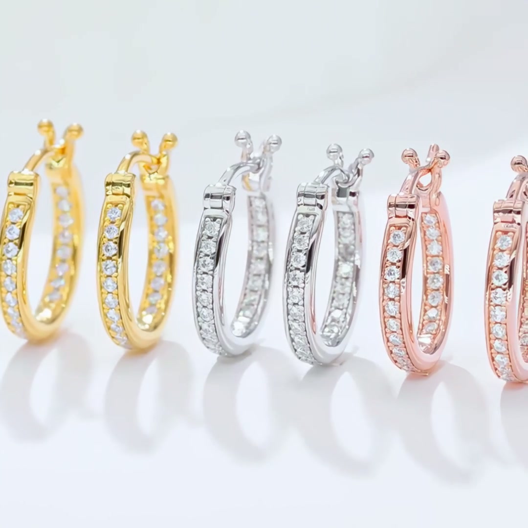 Sterling Silver Pavé Moissanite Hoop Earrings | Single-Row DEF Stones, Snap-Back | Daily Wear product video thumbnail