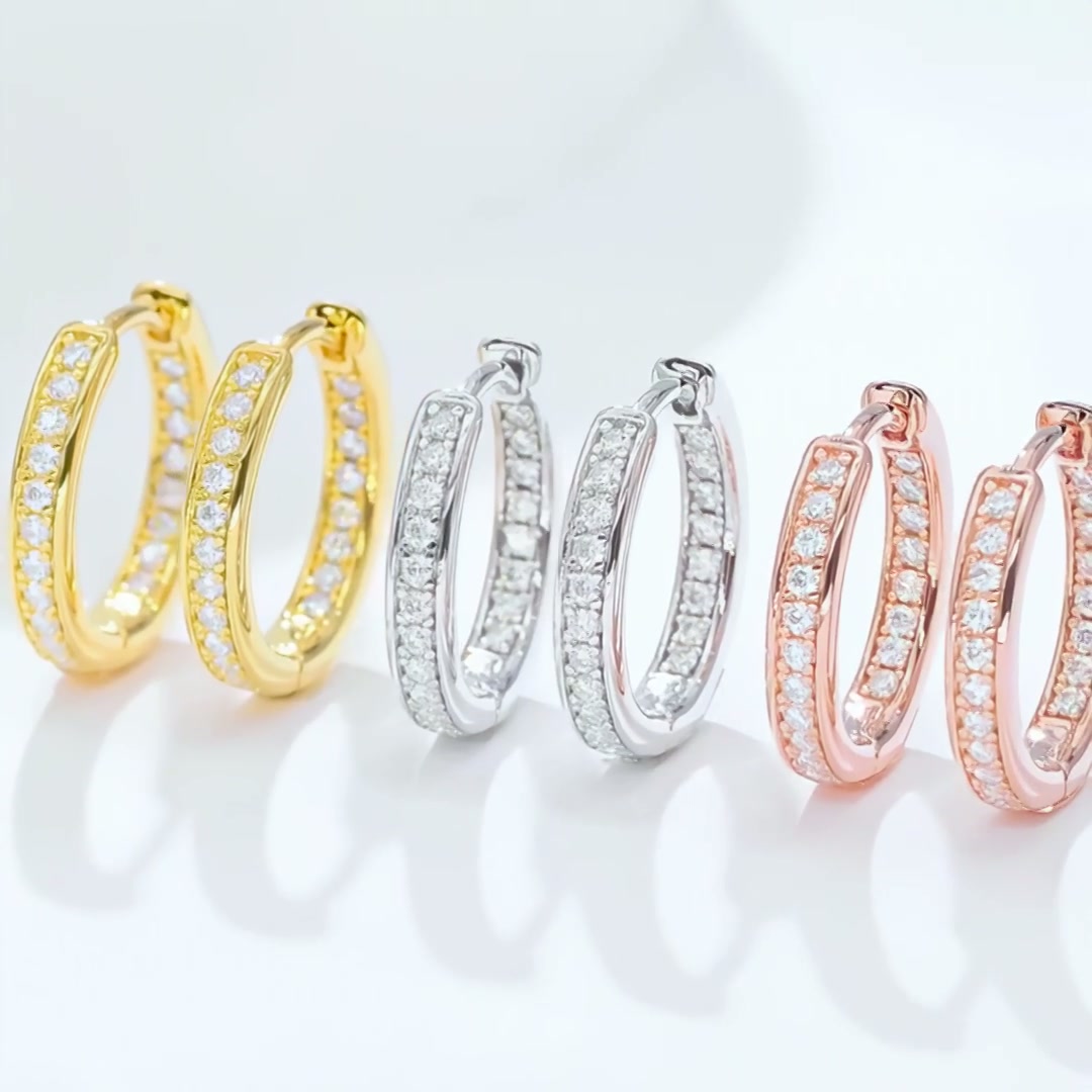 Modern Moissanite Pavé Huggie Hoop Earrings | 925 Sterling Silver Click-Top Hoops product video thumbnail