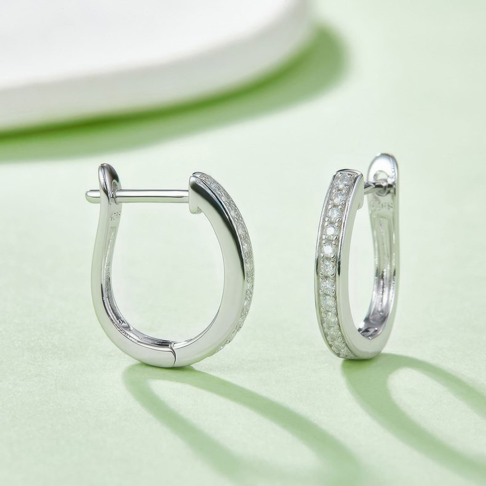 Dainty U-Shaped Moissanite Hoop Earrings | 925 Silver 18K Gold Plated Pave Setting - Image 2