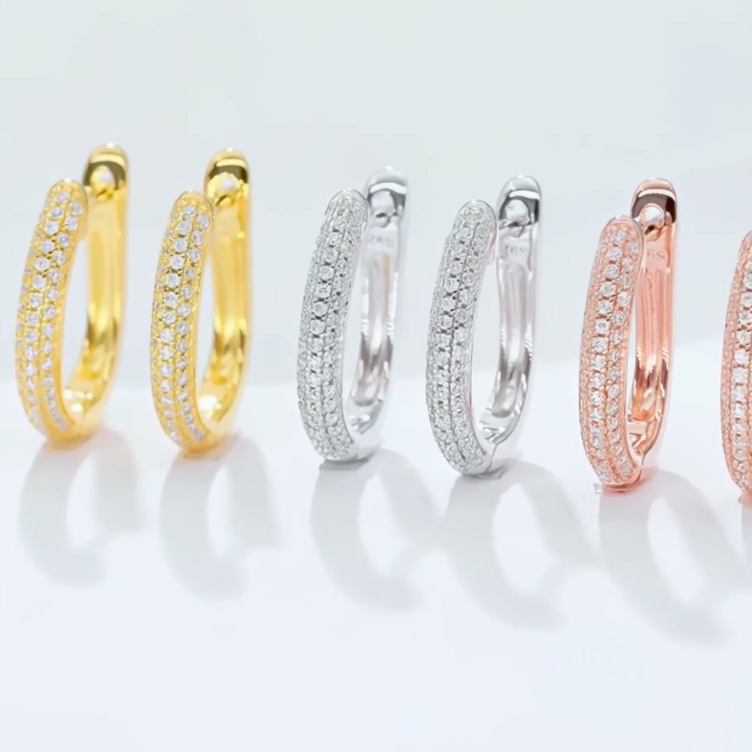 U-Shaped Moissanite Pave Huggie Hoop Earrings | 18K Gold-Plated 925 Sterling Silver | DEF VVS product video thumbnail