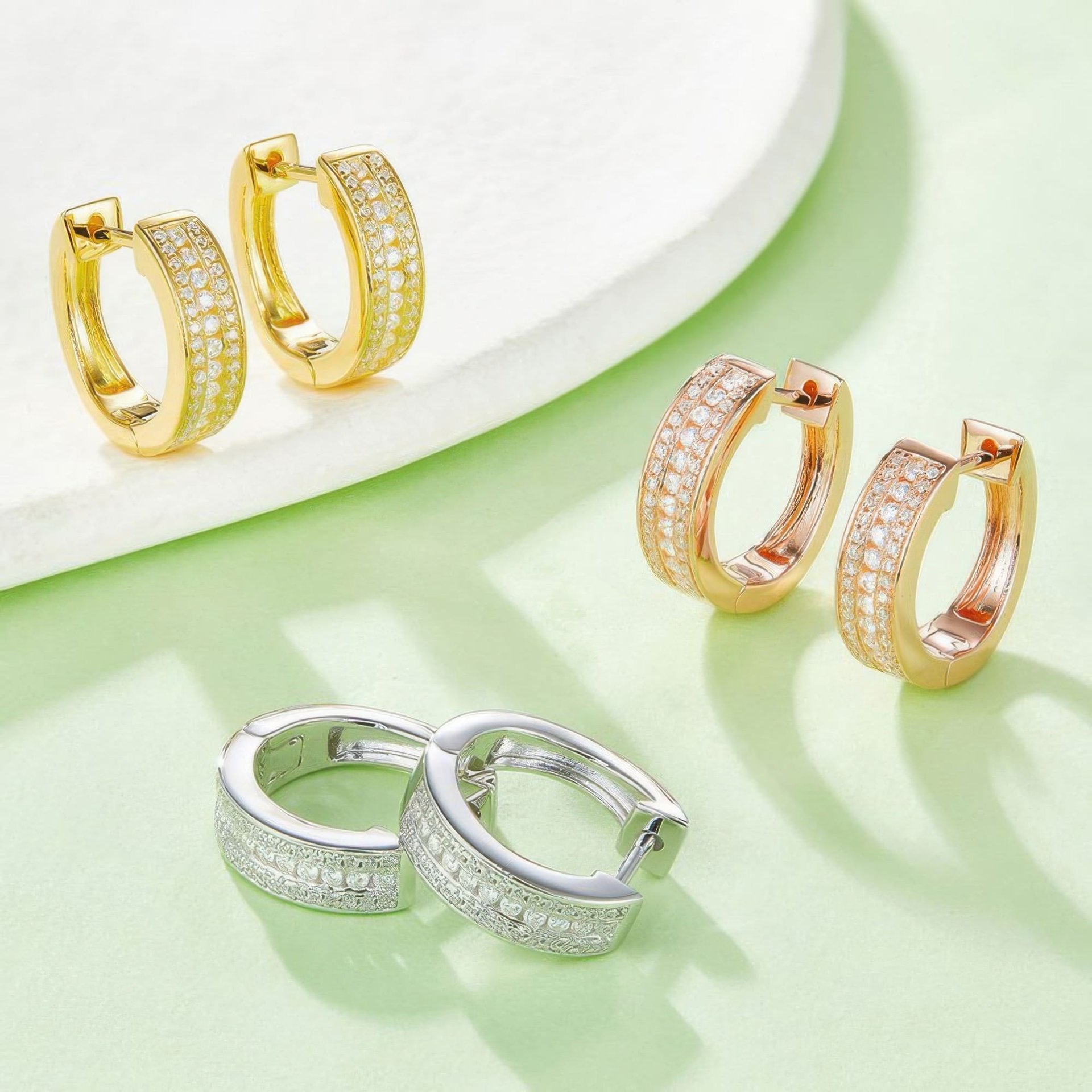 U-Shaped Moissanite Huggie Hoop Earrings | Three-Row Pavé | 925 Silver, Gold & Rhodium Plated - Image 8