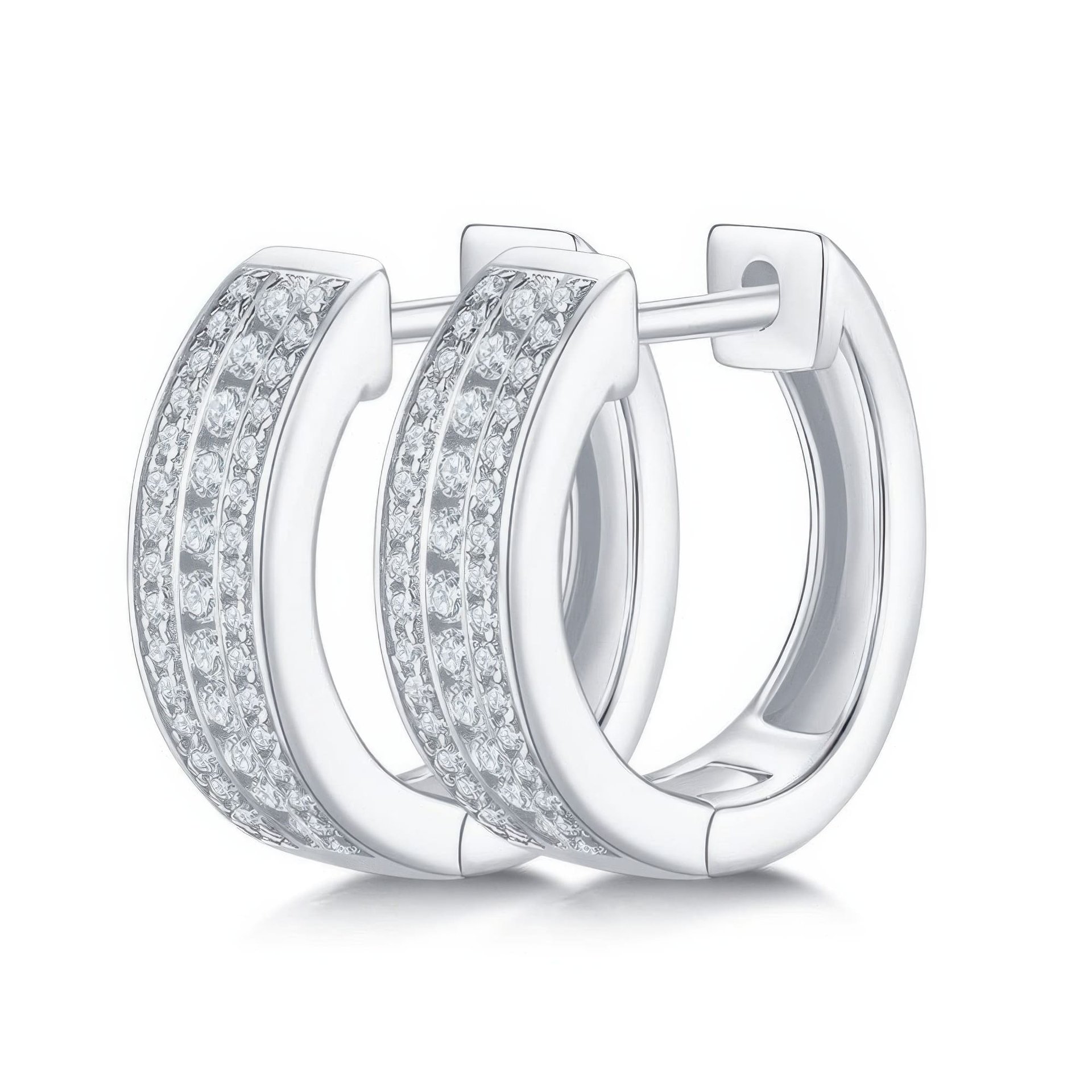 U-Shaped Moissanite Huggie Hoop Earrings | Three-Row Pavé | 925 Silver, Gold & Rhodium Plated