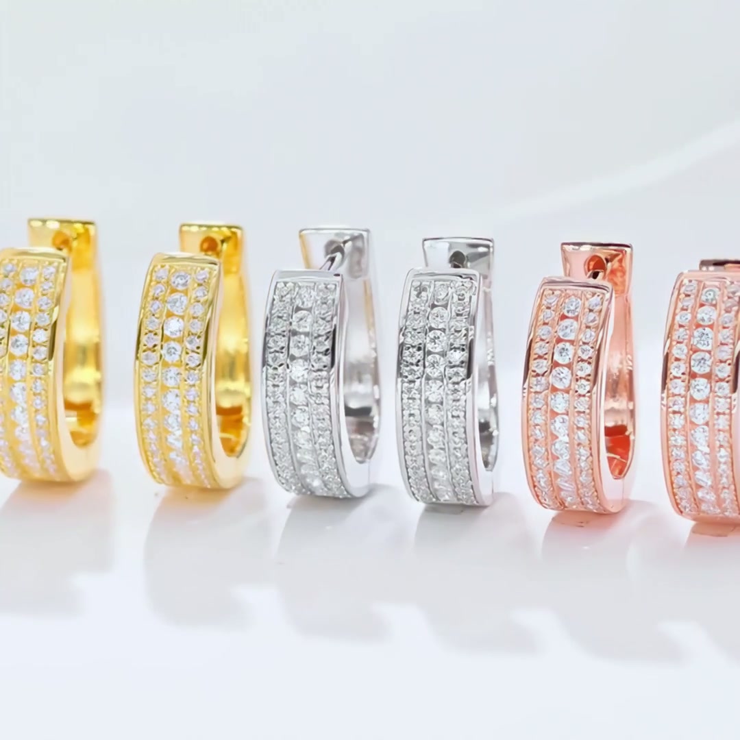 U-Shaped Moissanite Huggie Hoop Earrings | Three-Row Pavé | 925 Silver, Gold & Rhodium Plated product video thumbnail