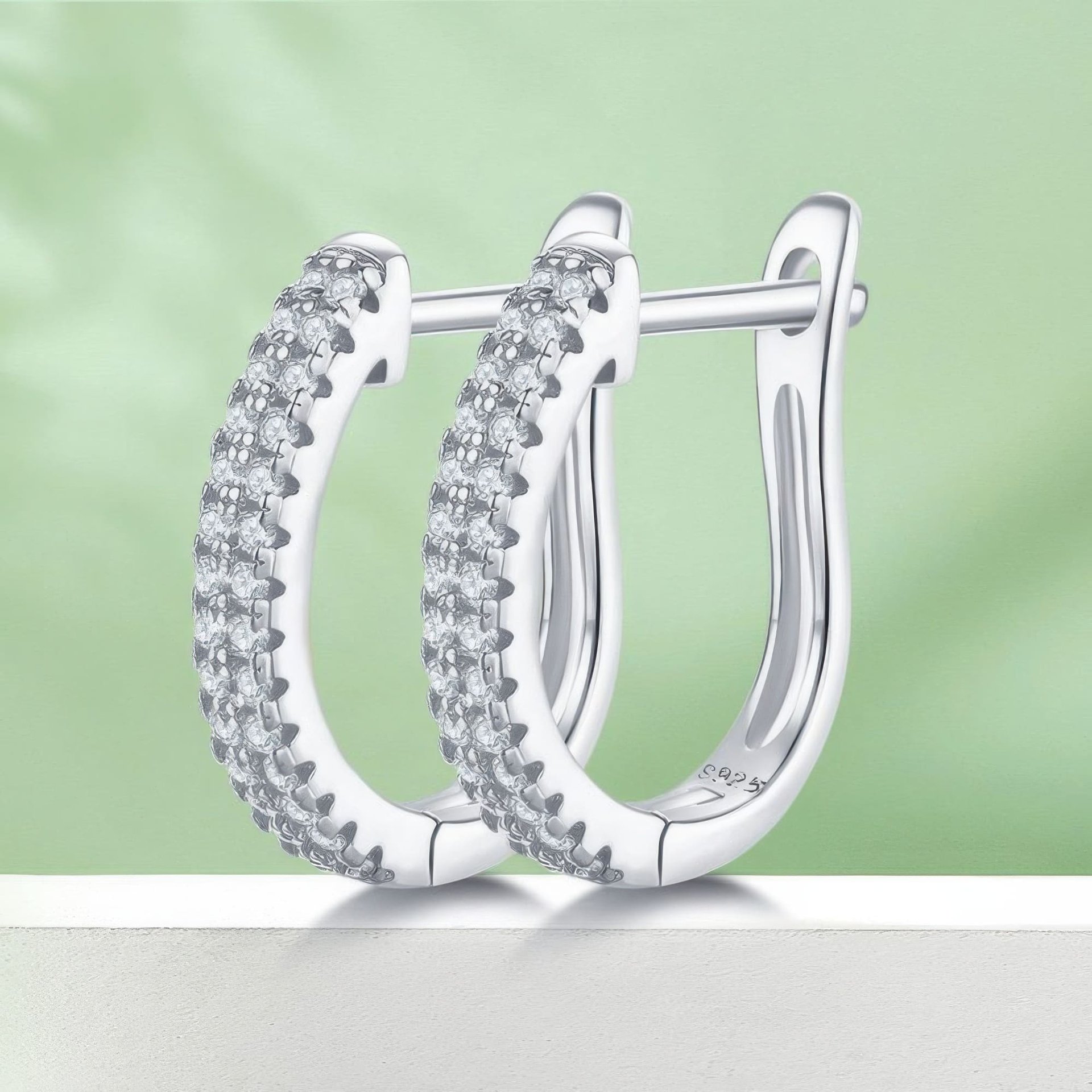 U-Shaped Pavé Moissanite Hoop Earrings | 925 Sterling Silver Huggie Hoops | DEF VVS - Image 3