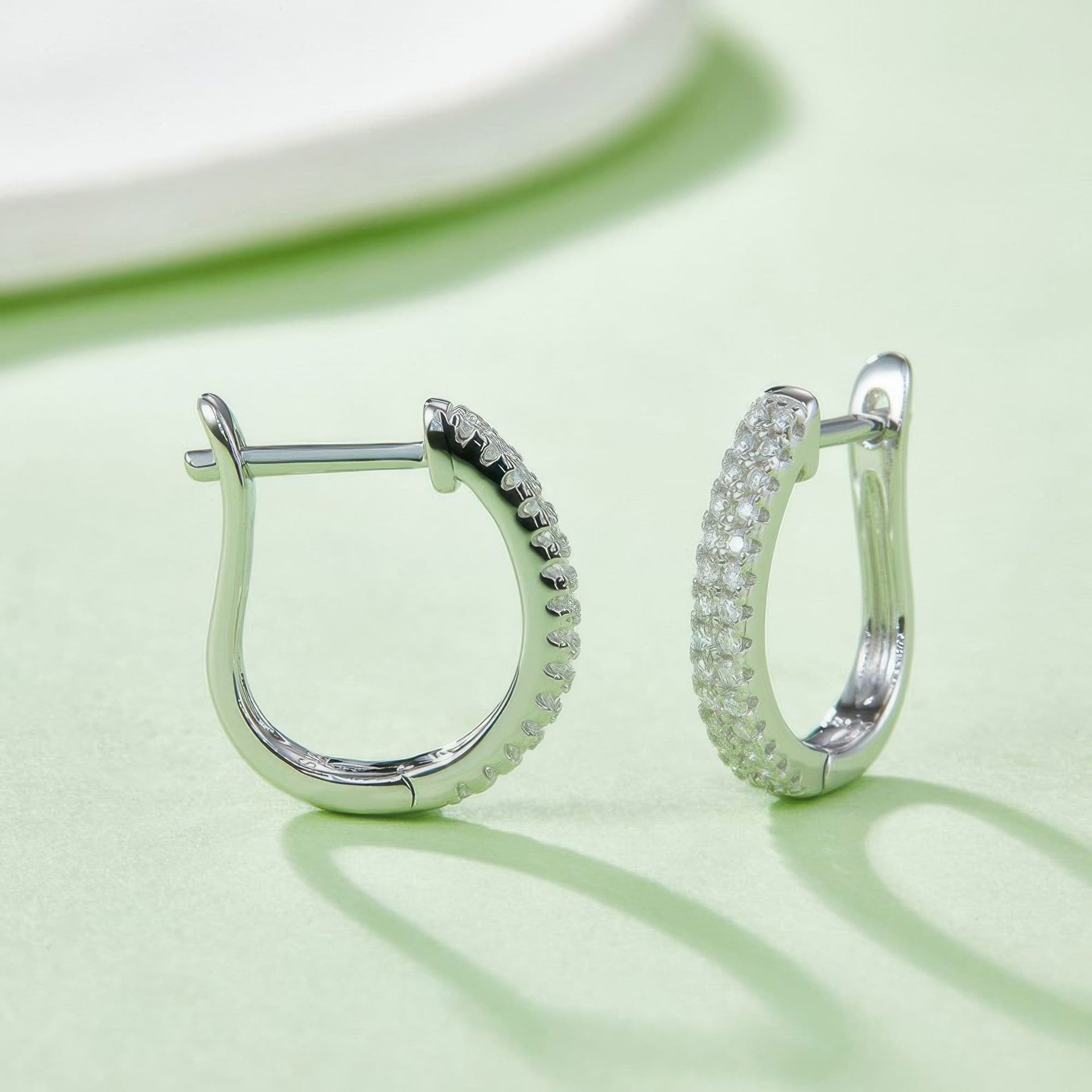 U-Shaped Pavé Moissanite Hoop Earrings | 925 Sterling Silver Huggie Hoops | DEF VVS - alternate view