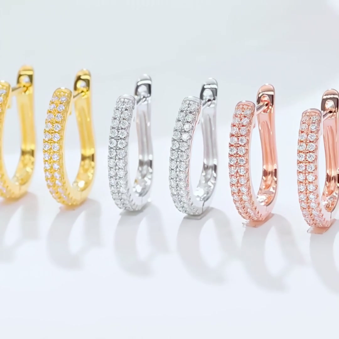 U-Shaped Pavé Moissanite Hoop Earrings | 925 Sterling Silver Huggie Hoops | DEF VVS product video thumbnail