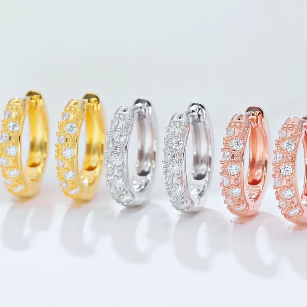 925 Sterling Silver Moissanite Pavé Huggie Hoop Earrings | Cluster-Set | 18K Gold Plated product video thumbnail