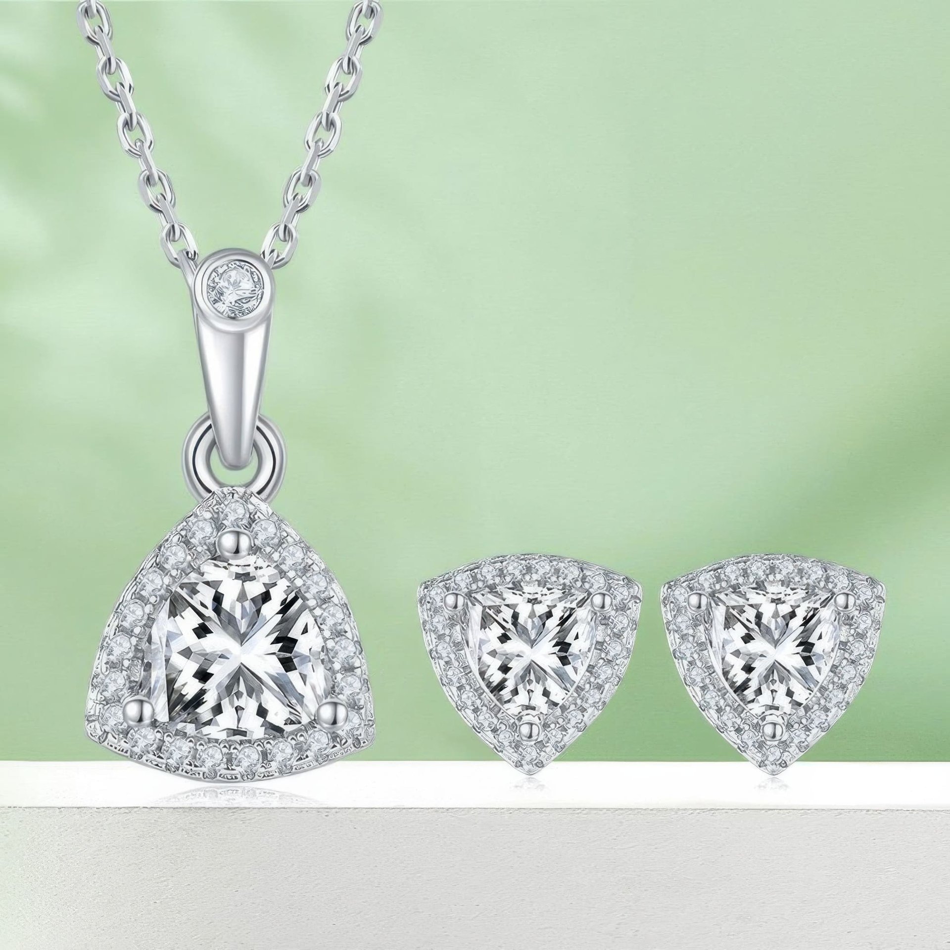 Triangle Moissanite Necklace & Earring Set | 925 Silver Trillion-Cut Halo Pendant + Studs, 1ct + 0.5ct/ea DEF VVS - Image 3