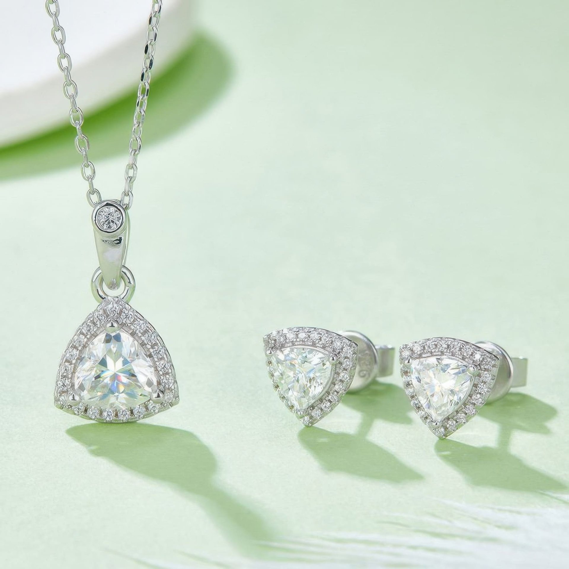 Triangle Moissanite Necklace & Earring Set | 925 Silver Trillion-Cut Halo Pendant + Studs, 1ct + 0.5ct/ea DEF VVS - alternate view