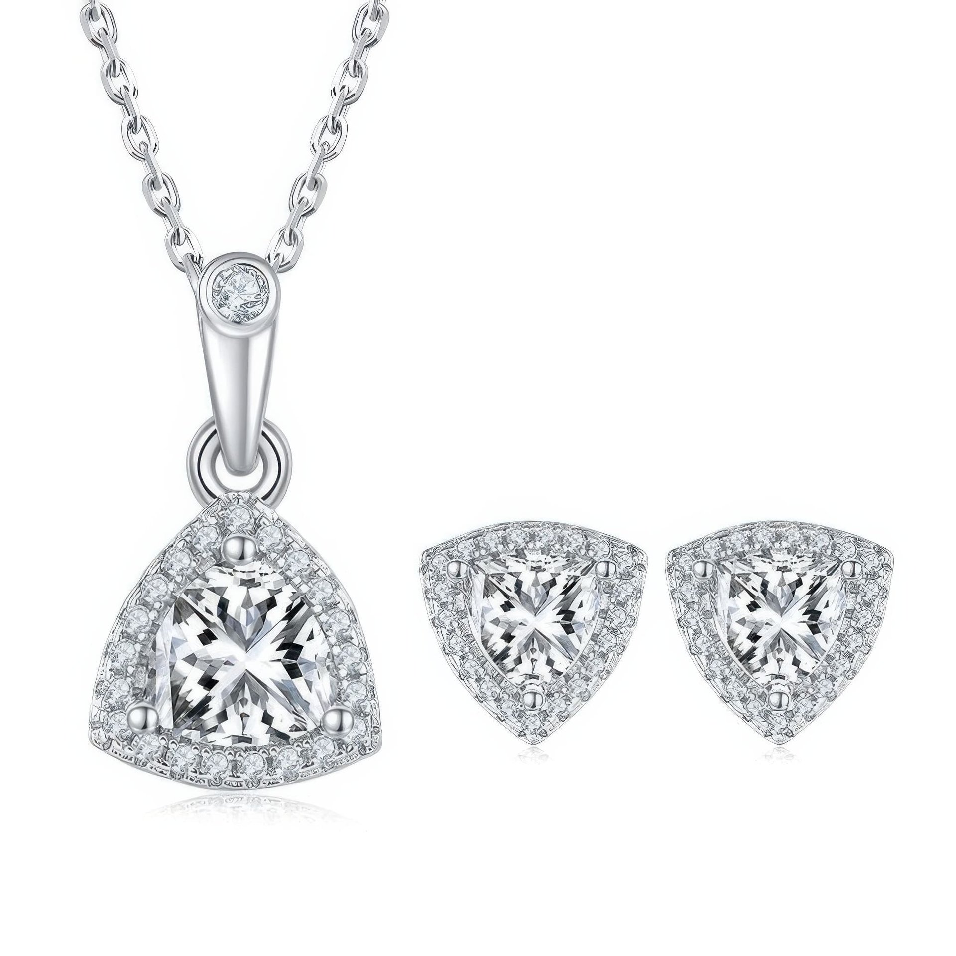 Triangle Moissanite Necklace & Earring Set | 925 Silver Trillion-Cut Halo Pendant + Studs, 1ct + 0.5ct/ea DEF VVS