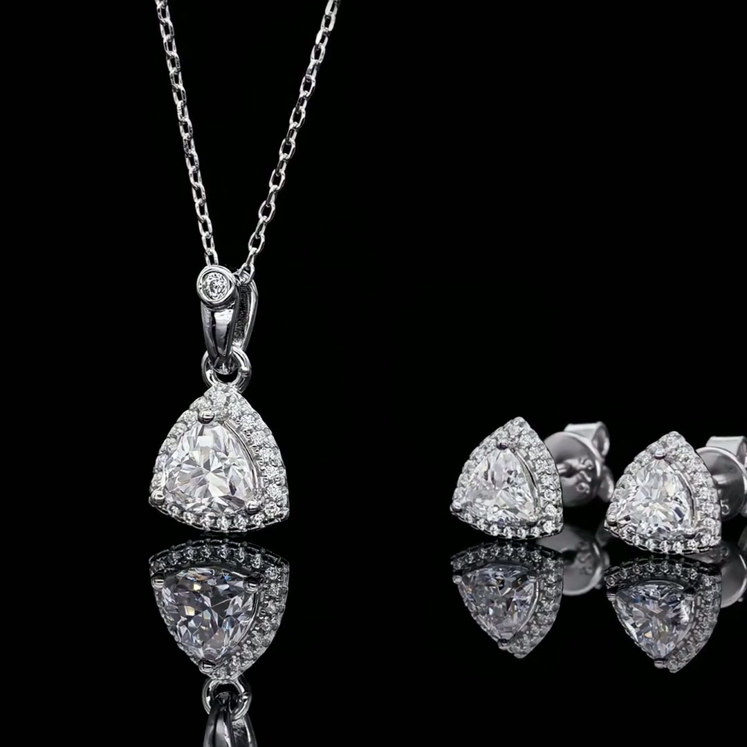 Triangle Moissanite Necklace & Earring Set | 925 Silver Trillion-Cut Halo Pendant + Studs, 1ct + 0.5ct/ea DEF VVS product video thumbnail