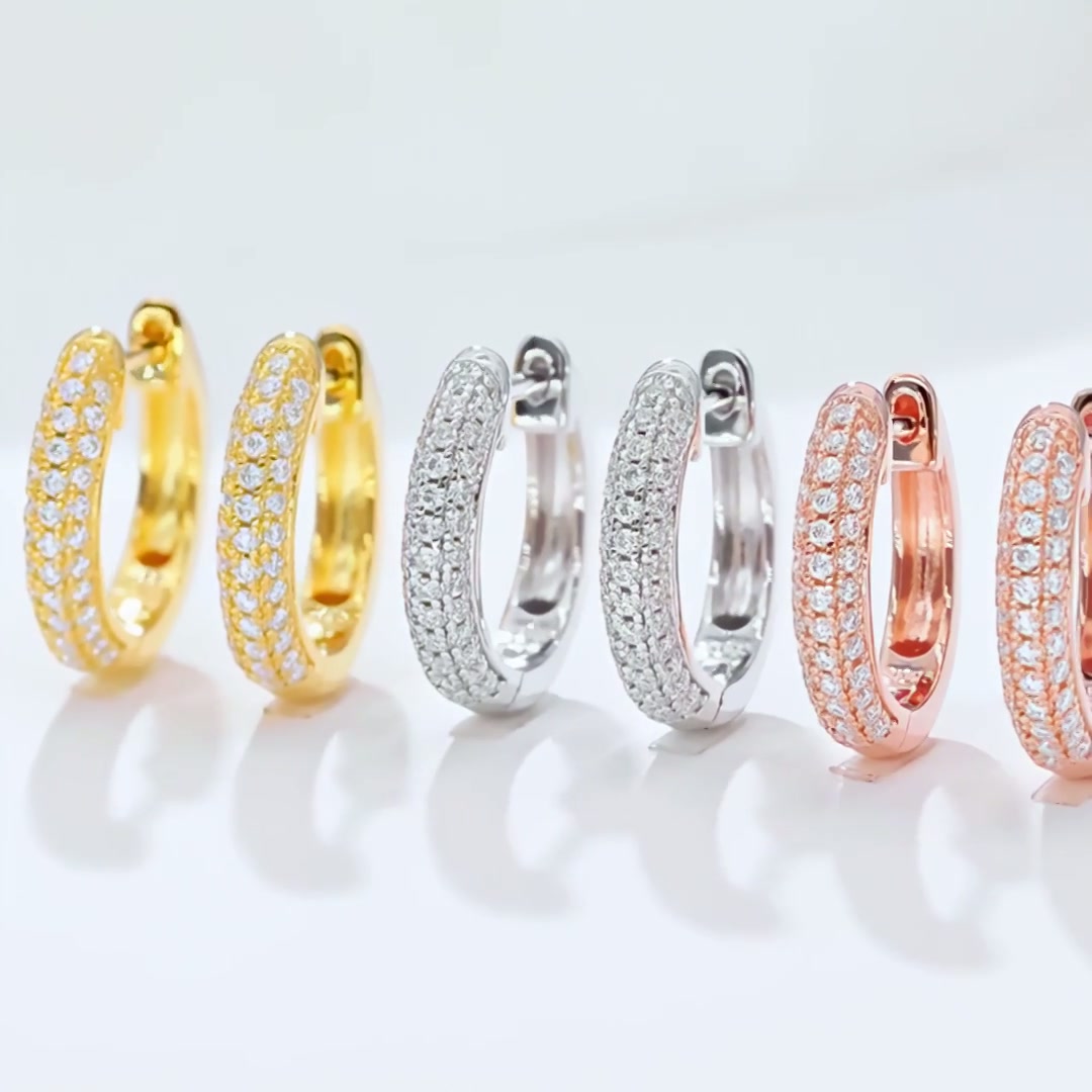 U-Shape Pavé Moissanite Huggie Hoop Earrings | 925 Sterling Silver | DEF VVS Round-Cut Stones product video thumbnail