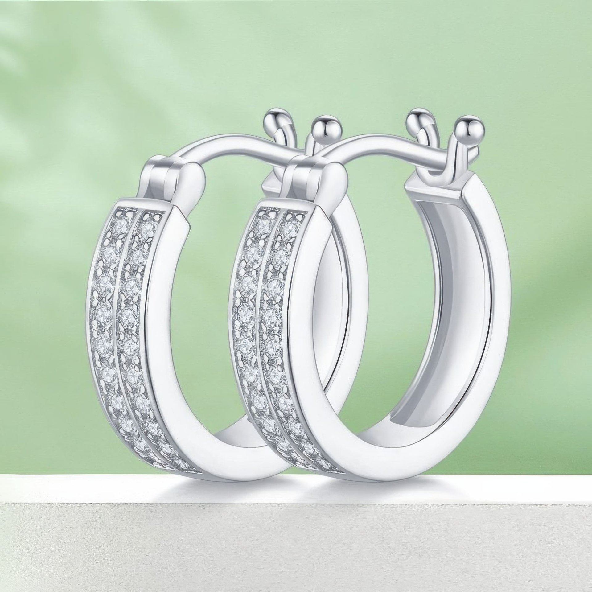 Sterling Silver Moissanite Huggie Hoop Earrings | Double-Row Pavé | 18K Gold Plated - Image 3