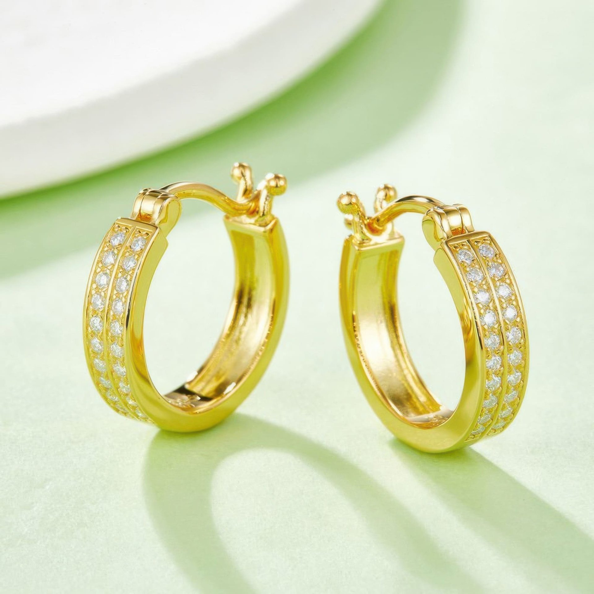 Sterling Silver Moissanite Huggie Hoop Earrings | Double-Row Pavé | 18K Gold Plated - Image 7