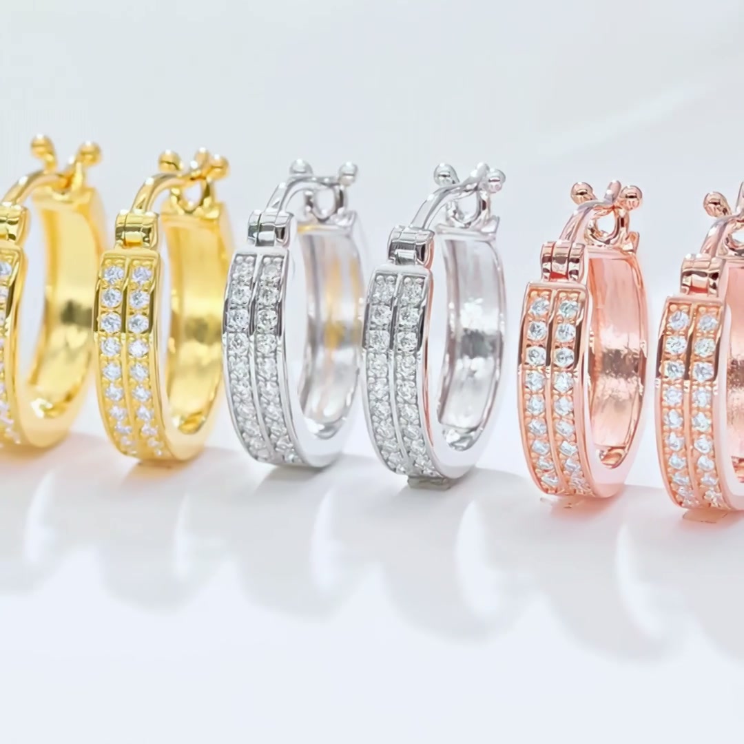 Sterling Silver Moissanite Huggie Hoop Earrings | Double-Row Pavé | 18K Gold Plated product video thumbnail