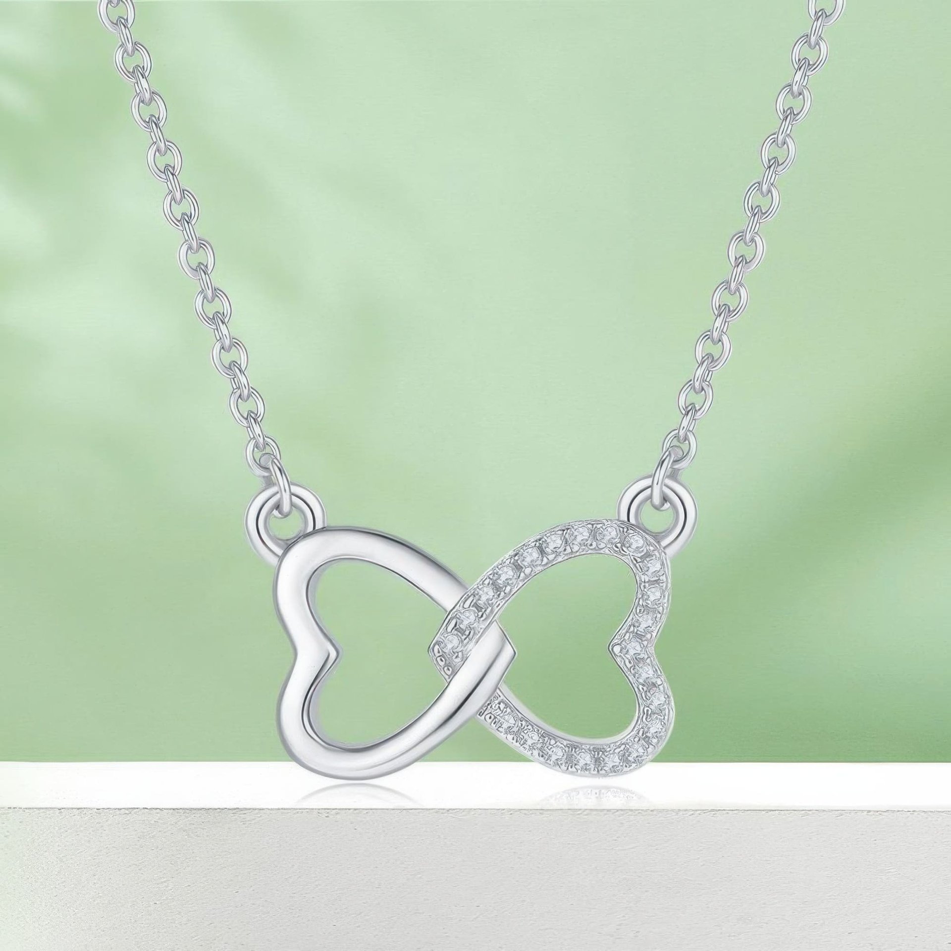 Interlocking Double Heart Moissanite Necklace | Pave Twin-Heart Pendant | 3 Gold Tones - alternate view