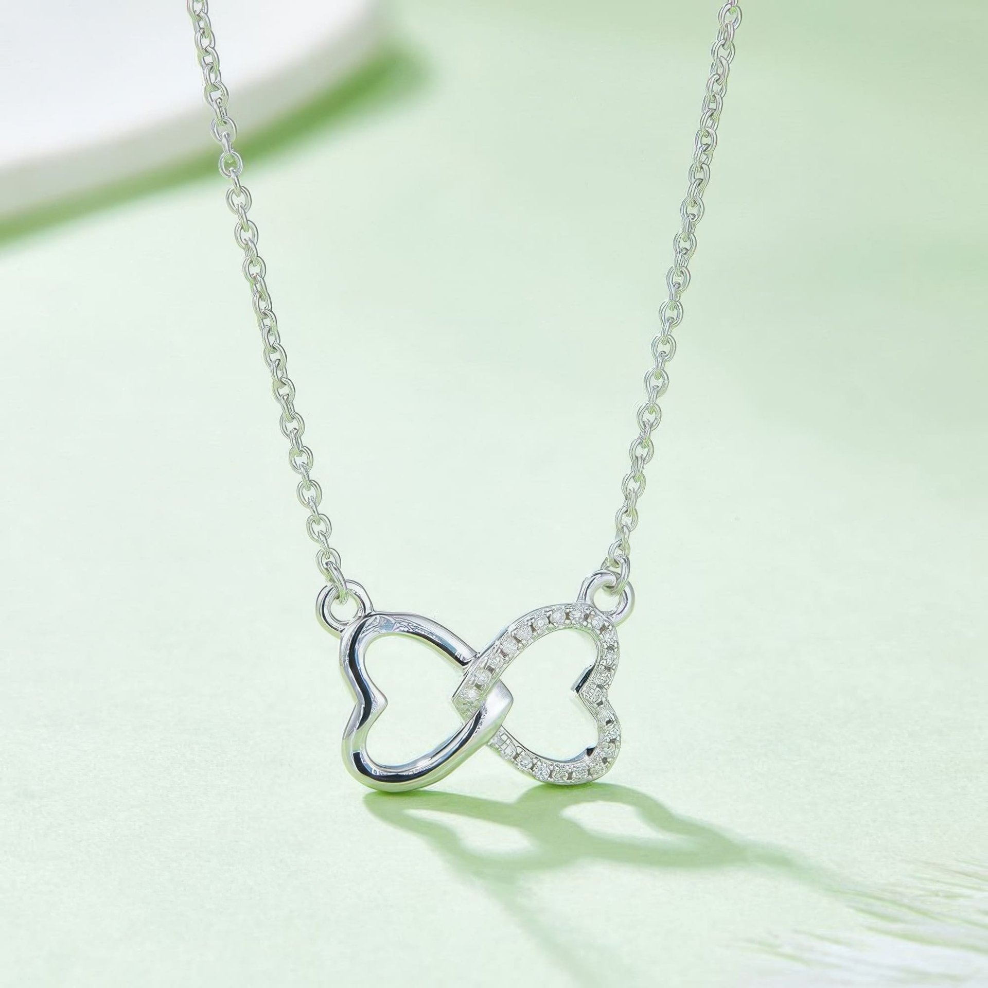 Interlocking Double Heart Moissanite Necklace | Pave Twin-Heart Pendant | 3 Gold Tones - Image 3