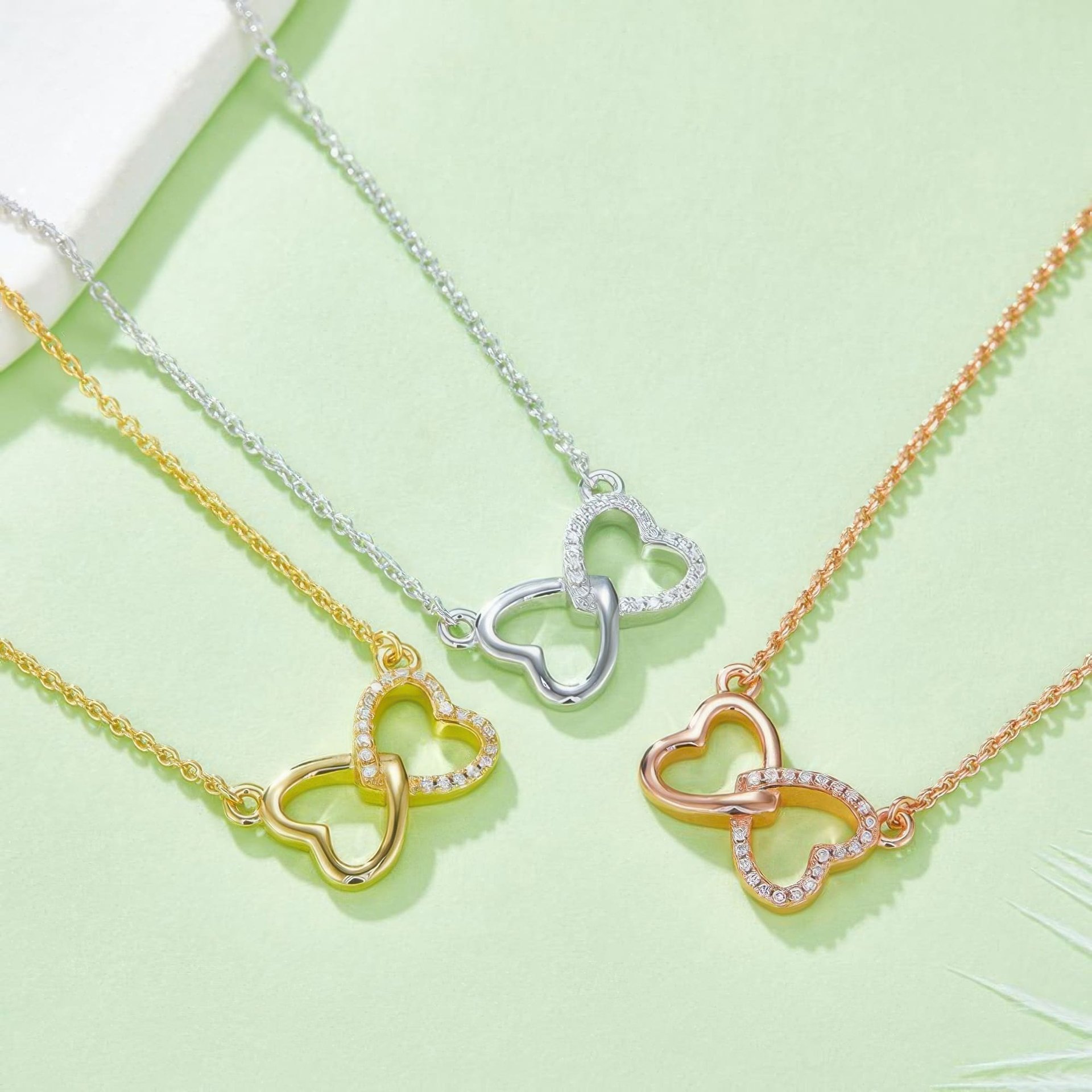 Interlocking Double Heart Moissanite Necklace | Pave Twin-Heart Pendant | 3 Gold Tones - Image 8