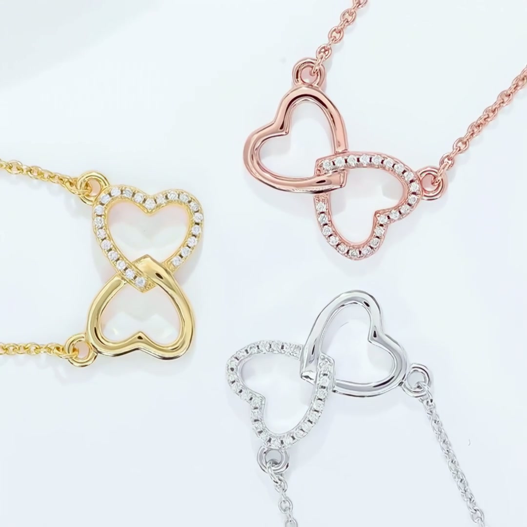 Interlocking Double Heart Moissanite Necklace | Pave Twin-Heart Pendant | 3 Gold Tones product video thumbnail