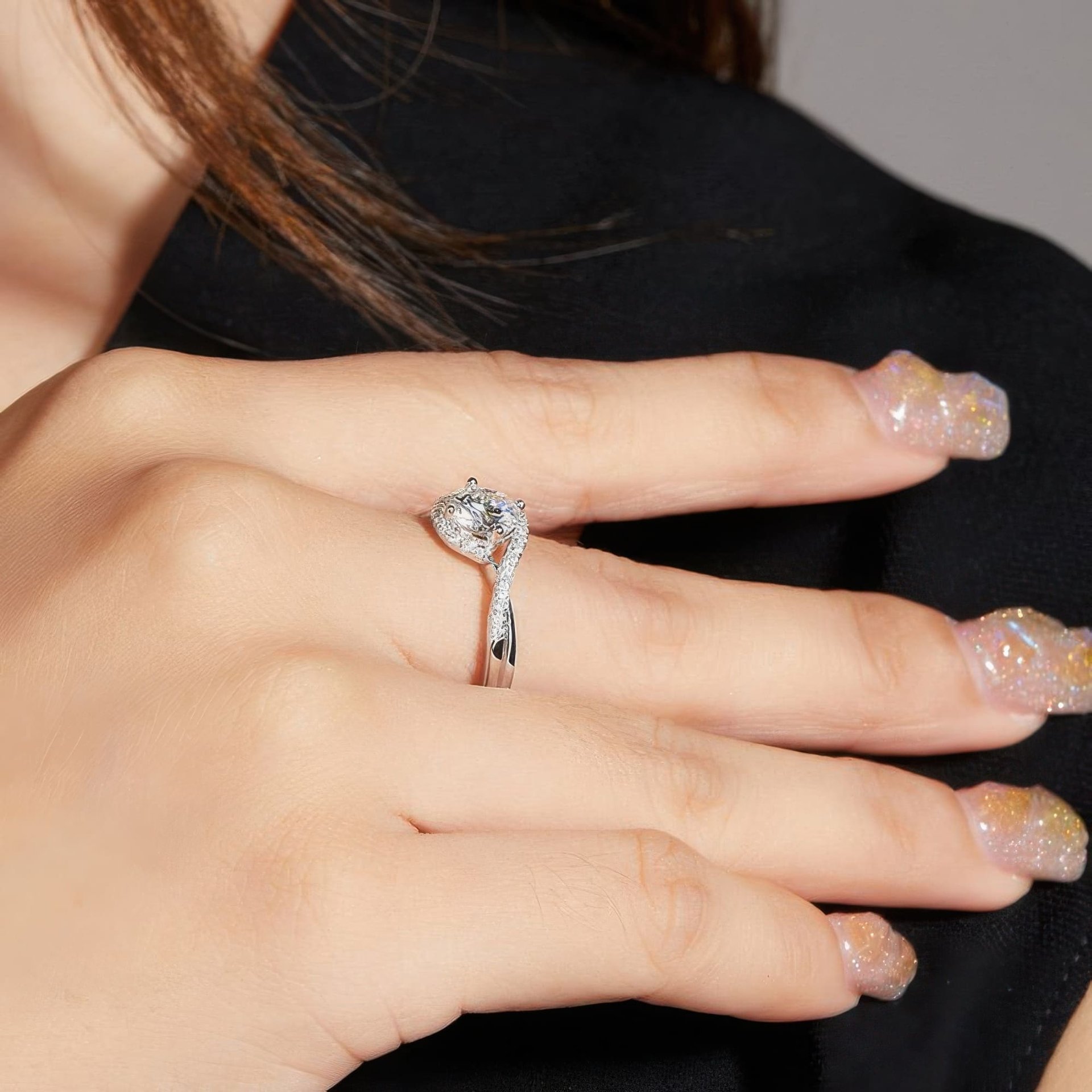 Moissanite Angel Eye Swirl Ring | Round Solitaire Pave Bypass Halo | 925 Sterling Silver - Image 2