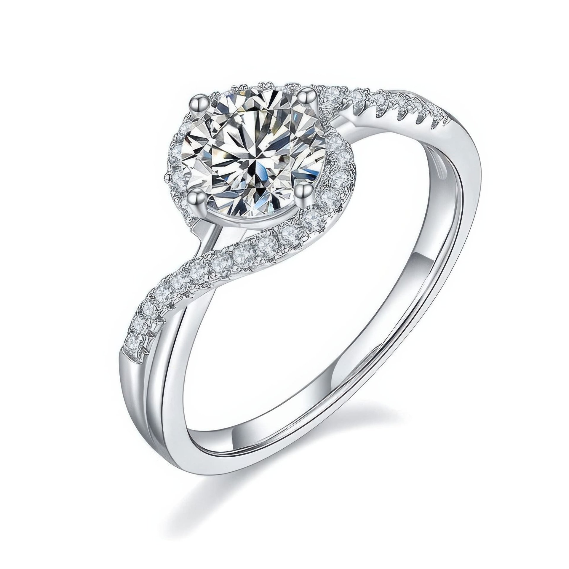 Moissanite Angel Eye Swirl Ring | Round Solitaire Pave Bypass Halo | 925 Sterling Silver