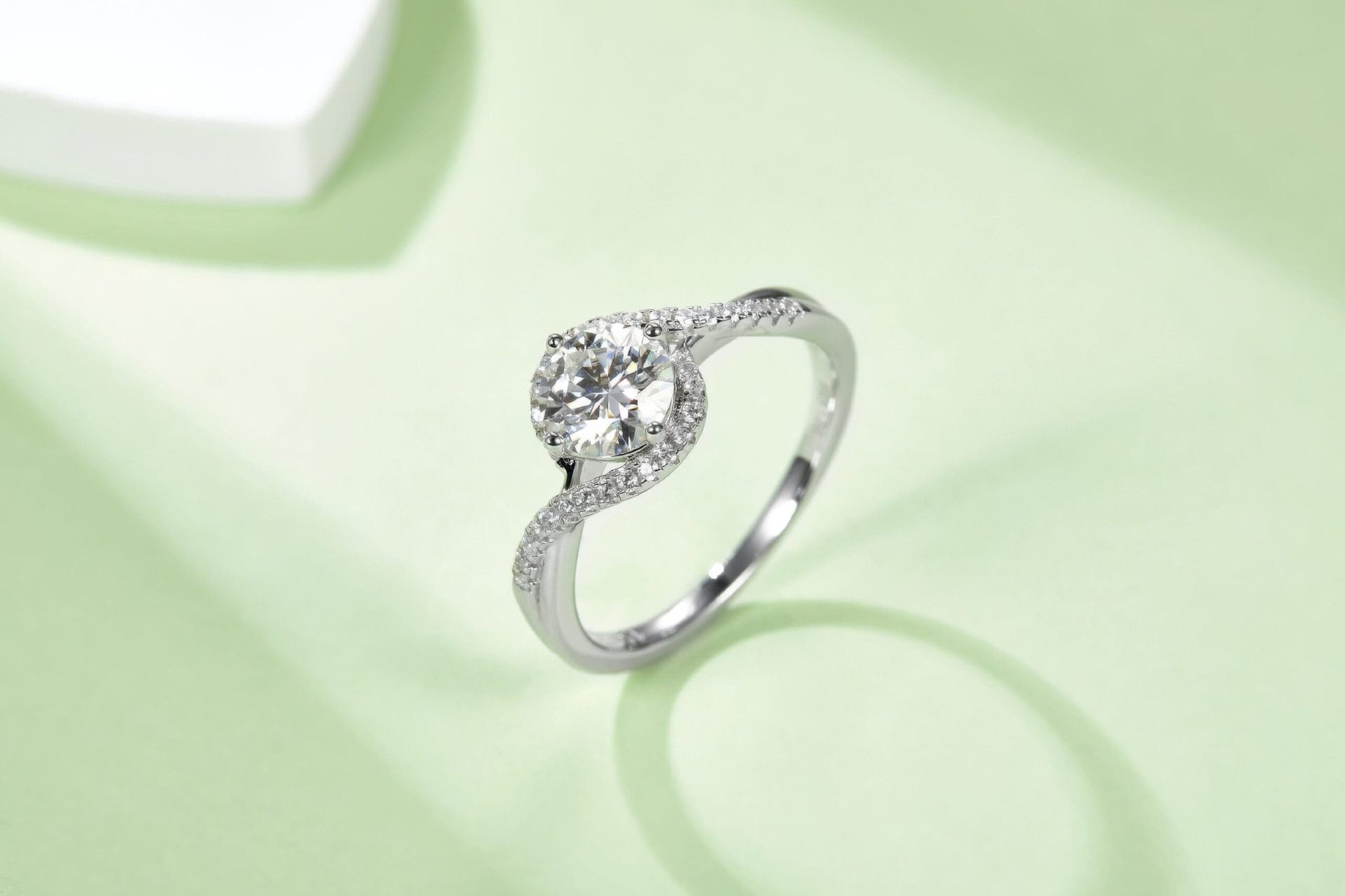 Moissanite Angel Eye Swirl Ring | Round Solitaire Pave Bypass Halo | 925 Sterling Silver - Image 6