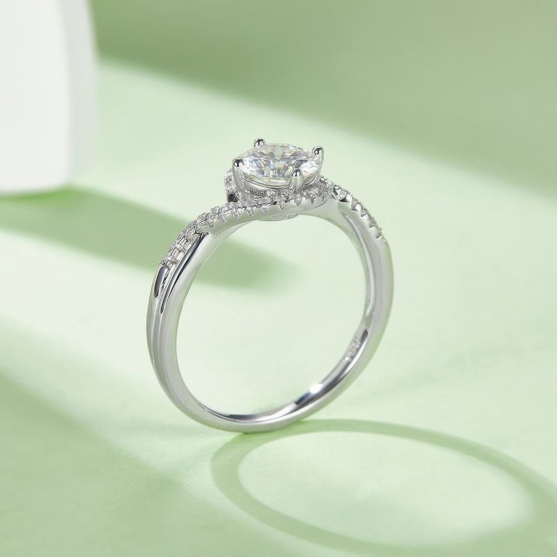 Moissanite Angel Eye Swirl Ring | Round Solitaire Pave Bypass Halo | 925 Sterling Silver - Image 4