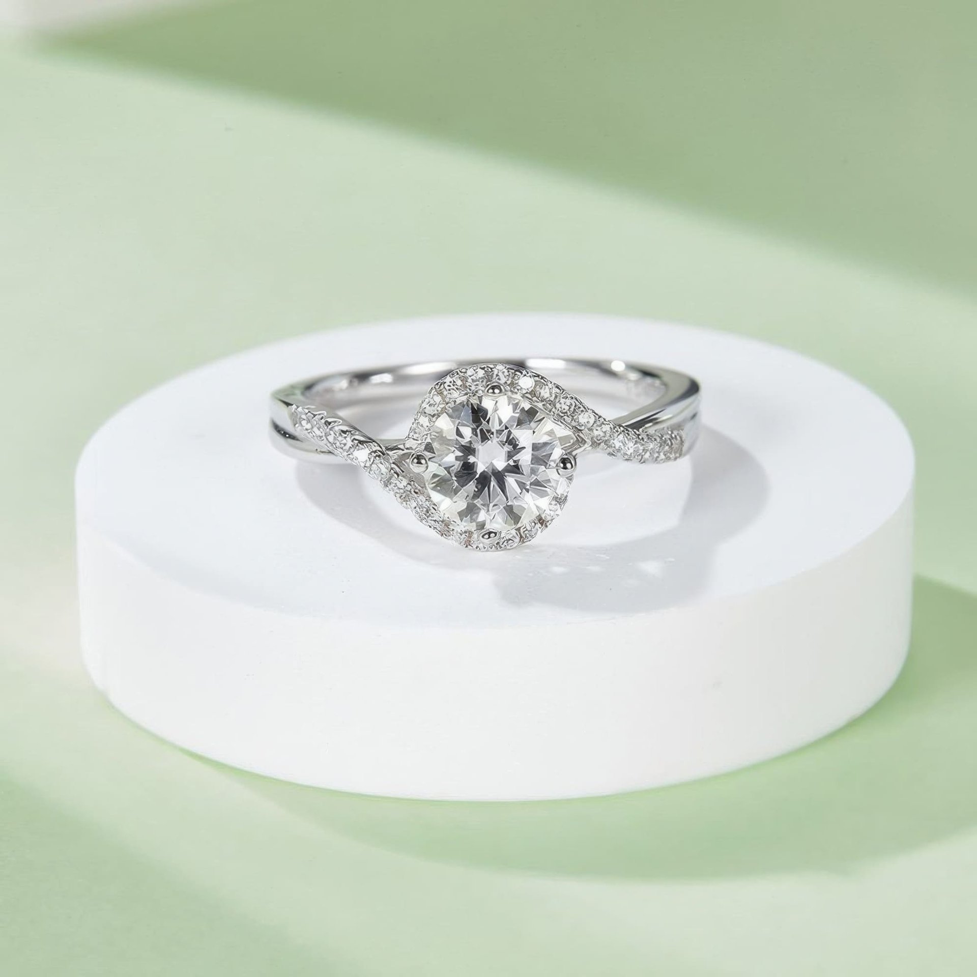 Moissanite Angel Eye Swirl Ring | Round Solitaire Pave Bypass Halo | 925 Sterling Silver - Image 5
