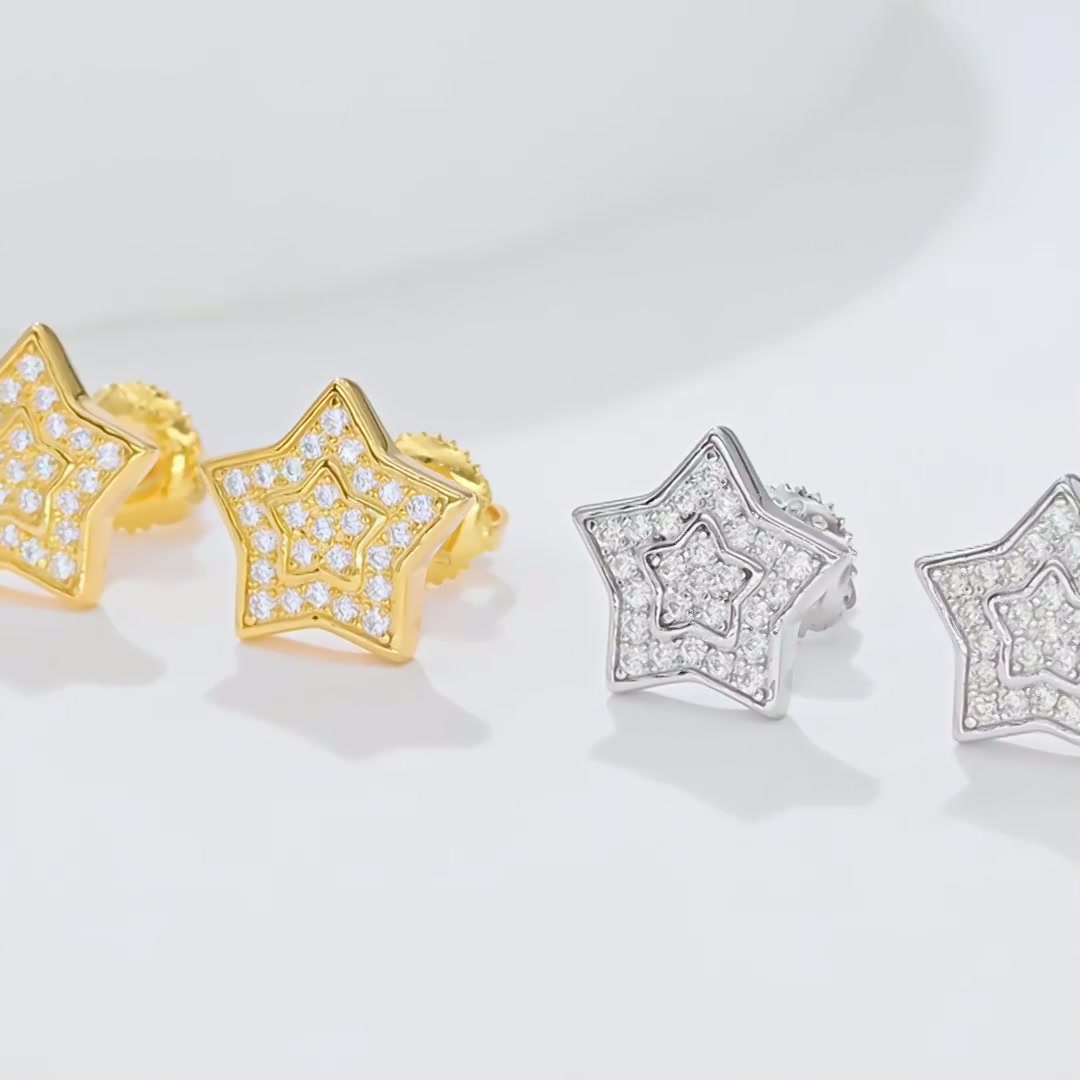 Iced-Out Star Moissanite Stud Earrings | Pave Five-Point Star | 925 Sterling Silver Unisex product video thumbnail