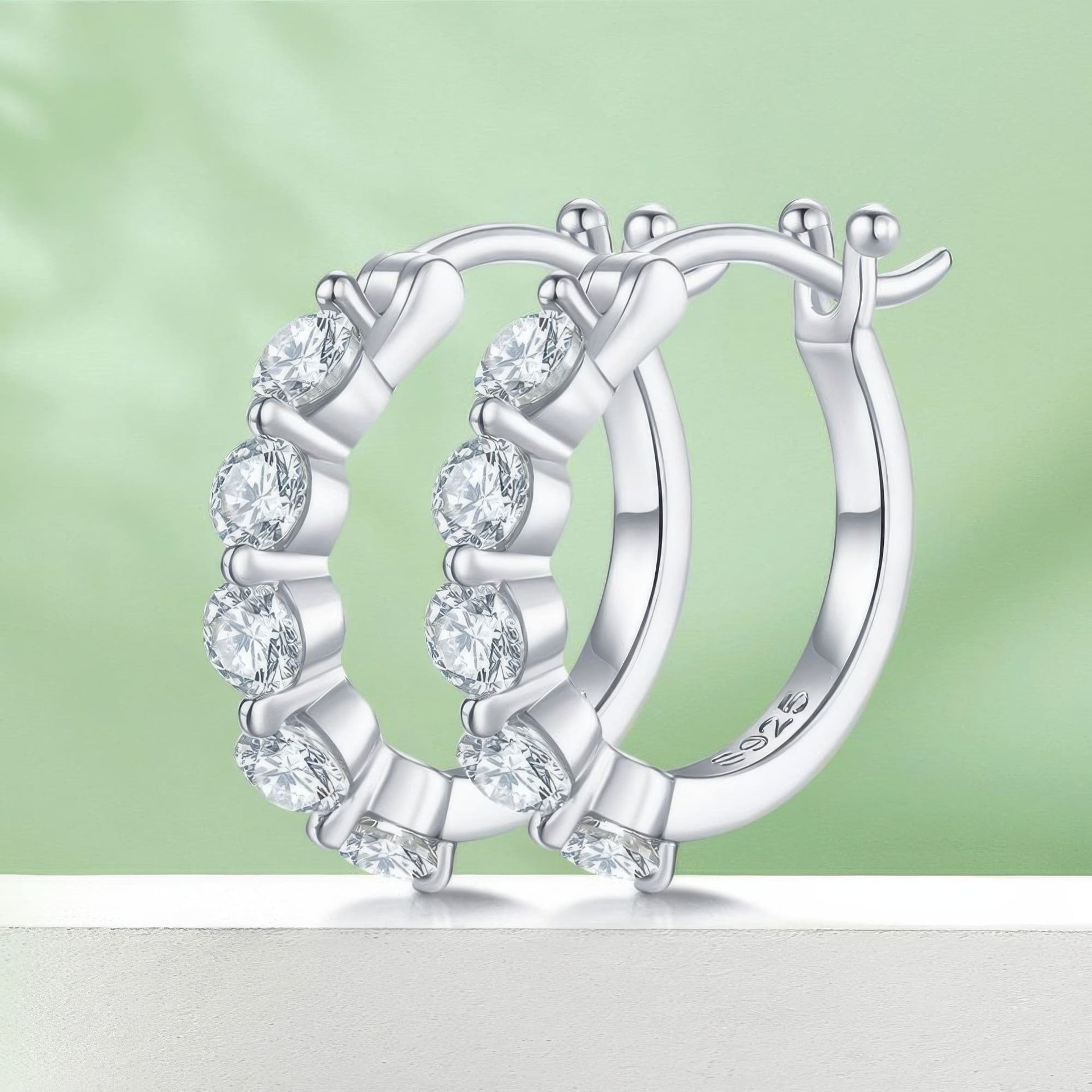Moissanite Huggie Hoop Earrings | 925 Sterling Silver, Five-Stone Round Cut (1ct DEW / 3mm each) - Image 3