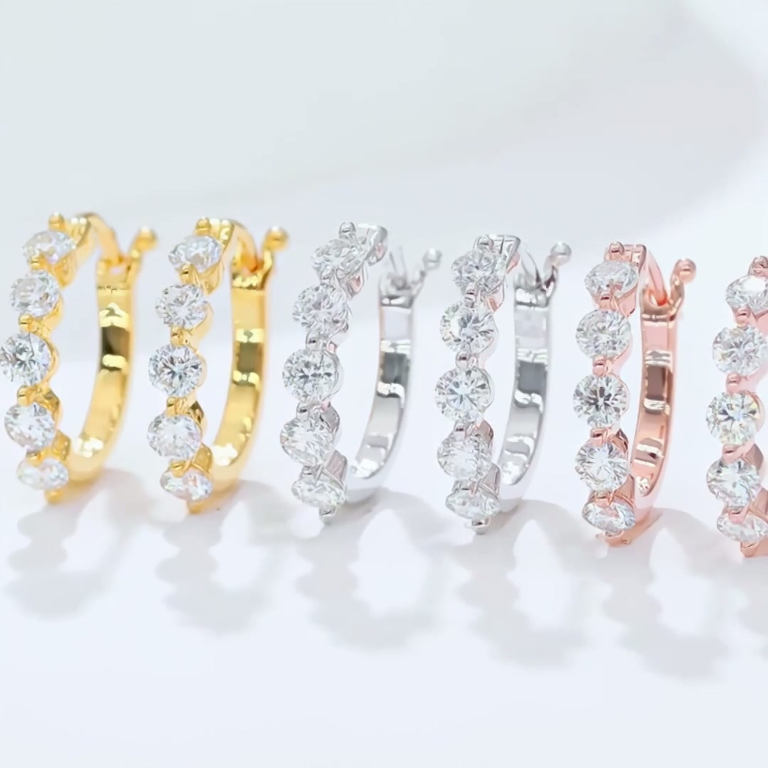 Moissanite Huggie Hoop Earrings | 925 Sterling Silver, Five-Stone Round Cut (1ct DEW / 3mm each) product video thumbnail